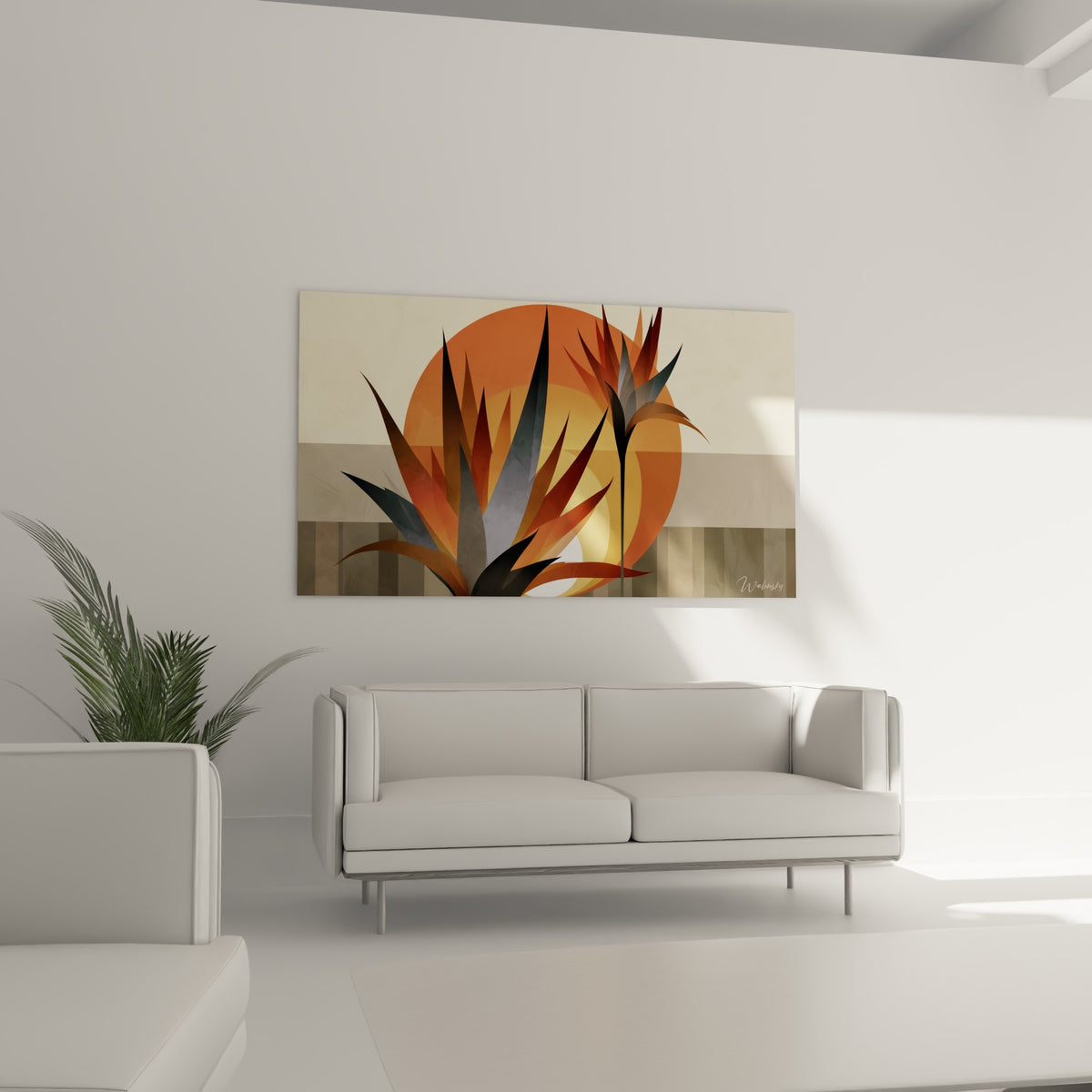 Silhouette d'aloe vera ocre et anthracite se détachant d'un fond sablé au-dessus d'un canapé dans un salon lumineux
