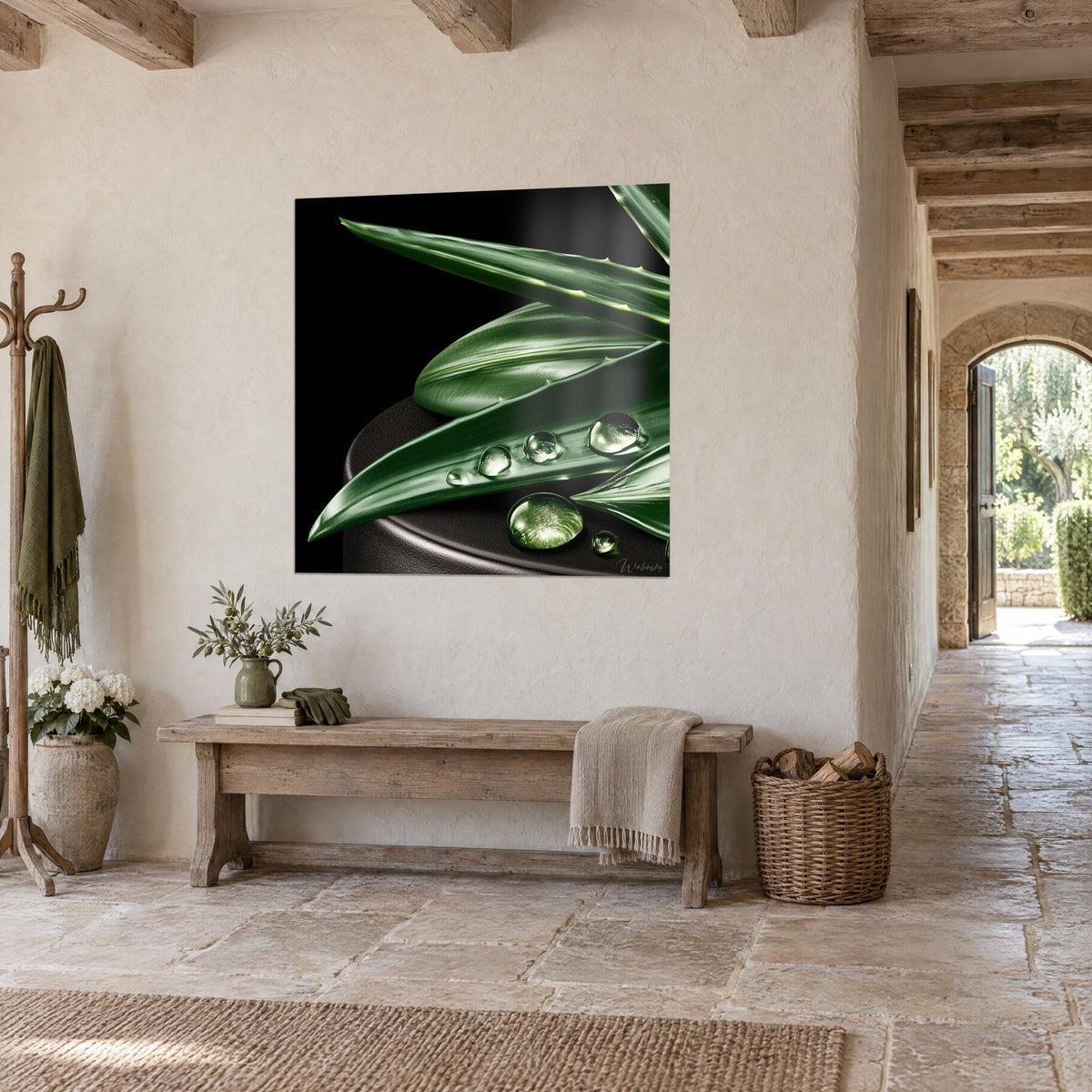 Wall art plump aloe vera with serrated spines, deep green and matte black, glossy droplets, hallway with pale stone floor