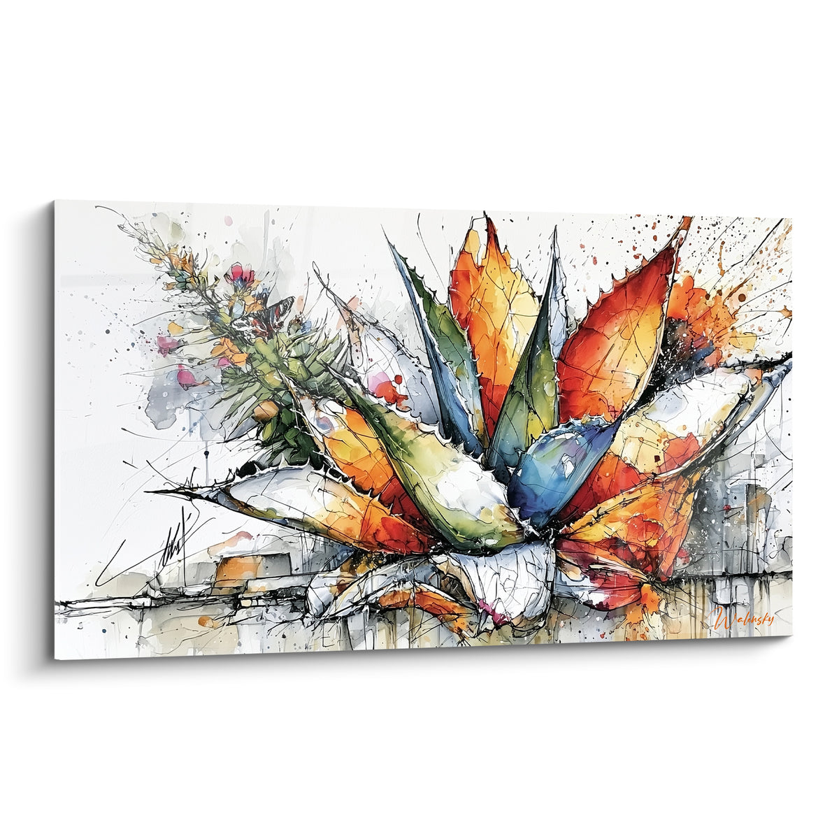 Aloe vera aux feuilles orange, bleu pastel et vert sauge dans une composition aquarelle éclatée