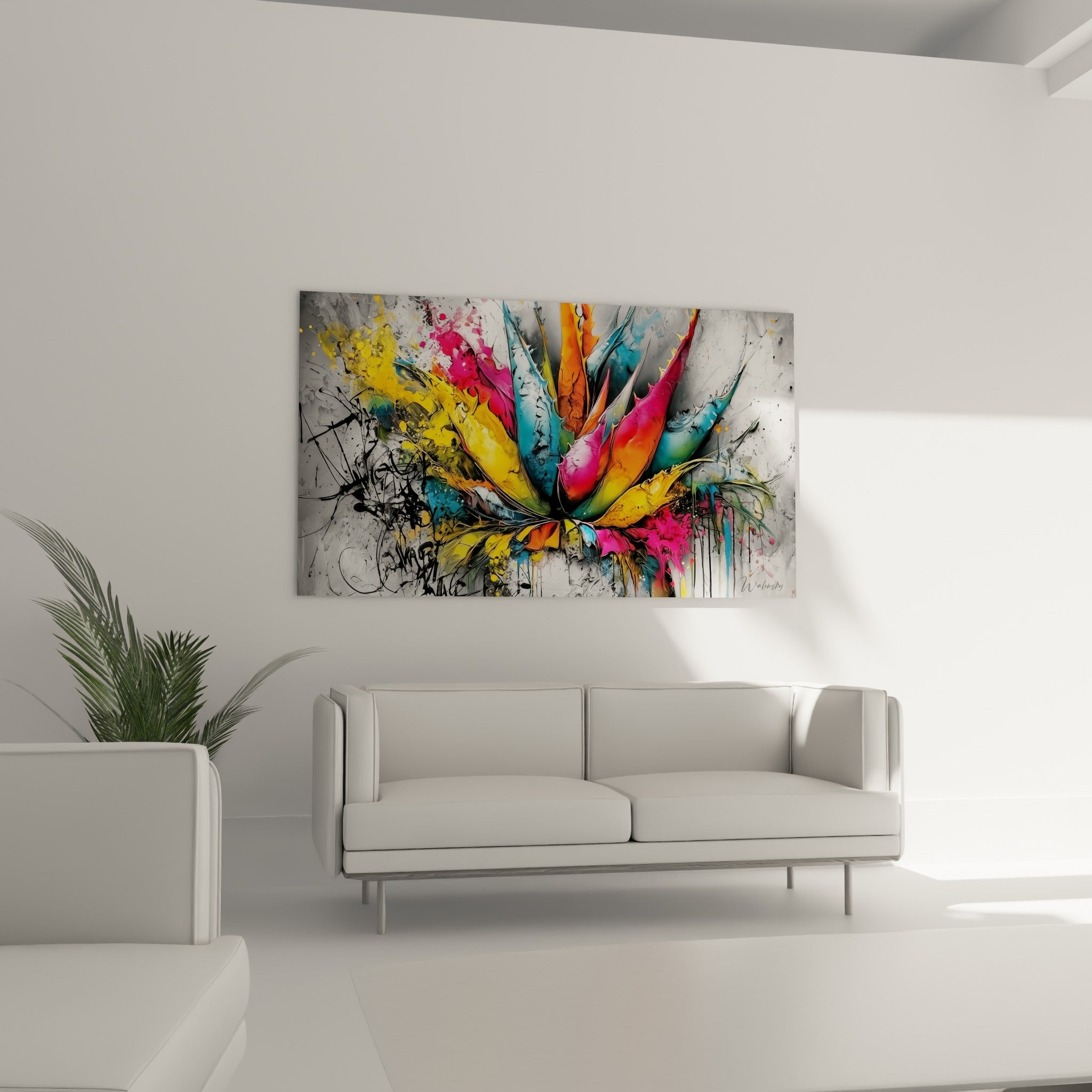 Feuilles d'aloe vera orangées et bleu turquoise disposées au-dessus d'un canapé dans un salon lumineux