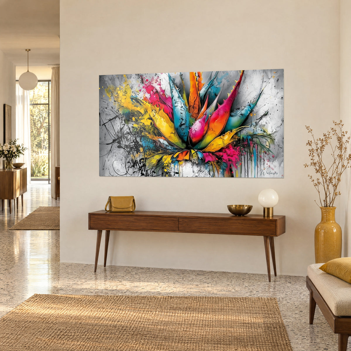 Tableau aloe vera en explosion de feuilles orange et bleues sur fond gris texturé, coulures en bas, sur console en bois