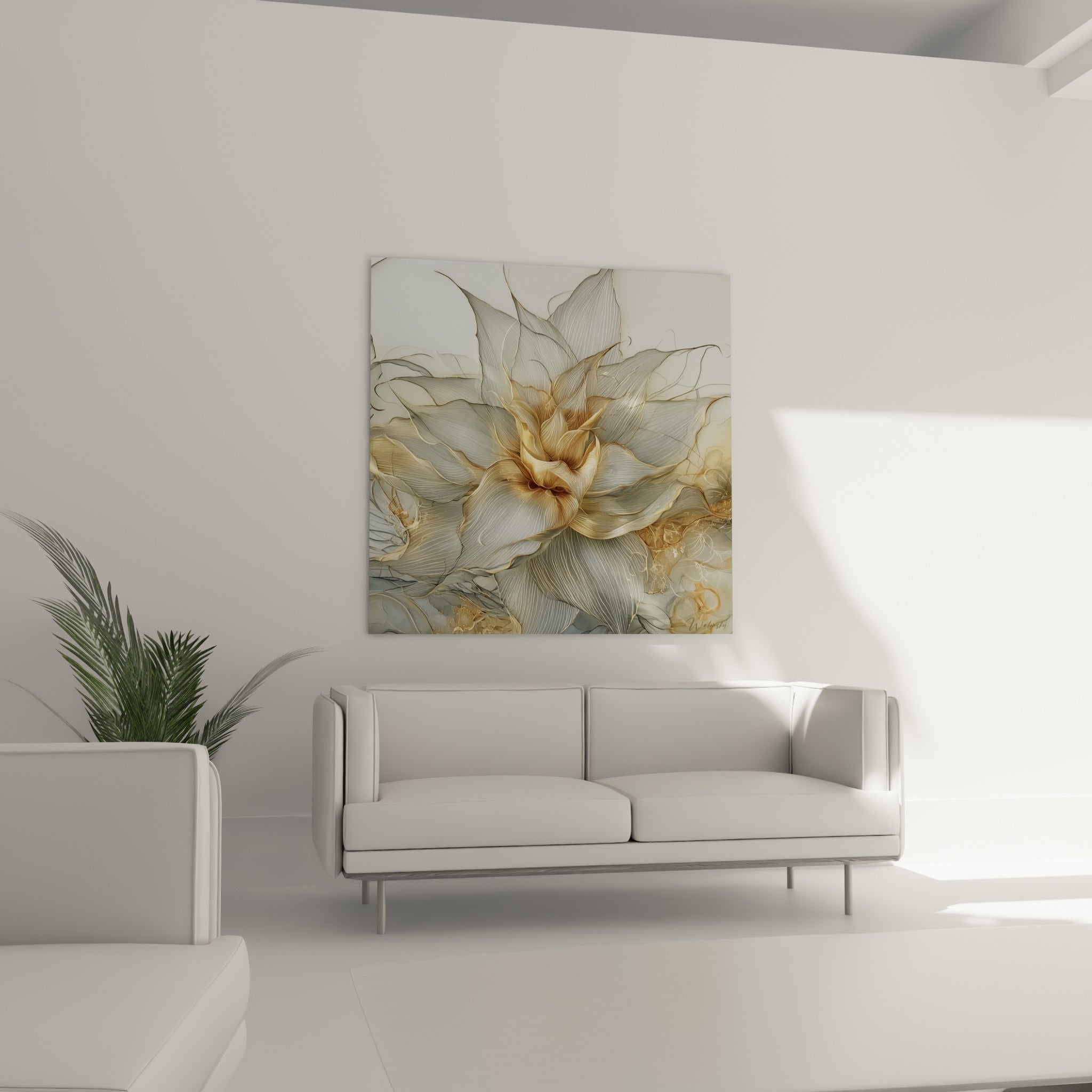 Pétales d'aloe vera nervurés d'or et de gris perle, disposés au-dessus d'un canapé dans un salon lumineux