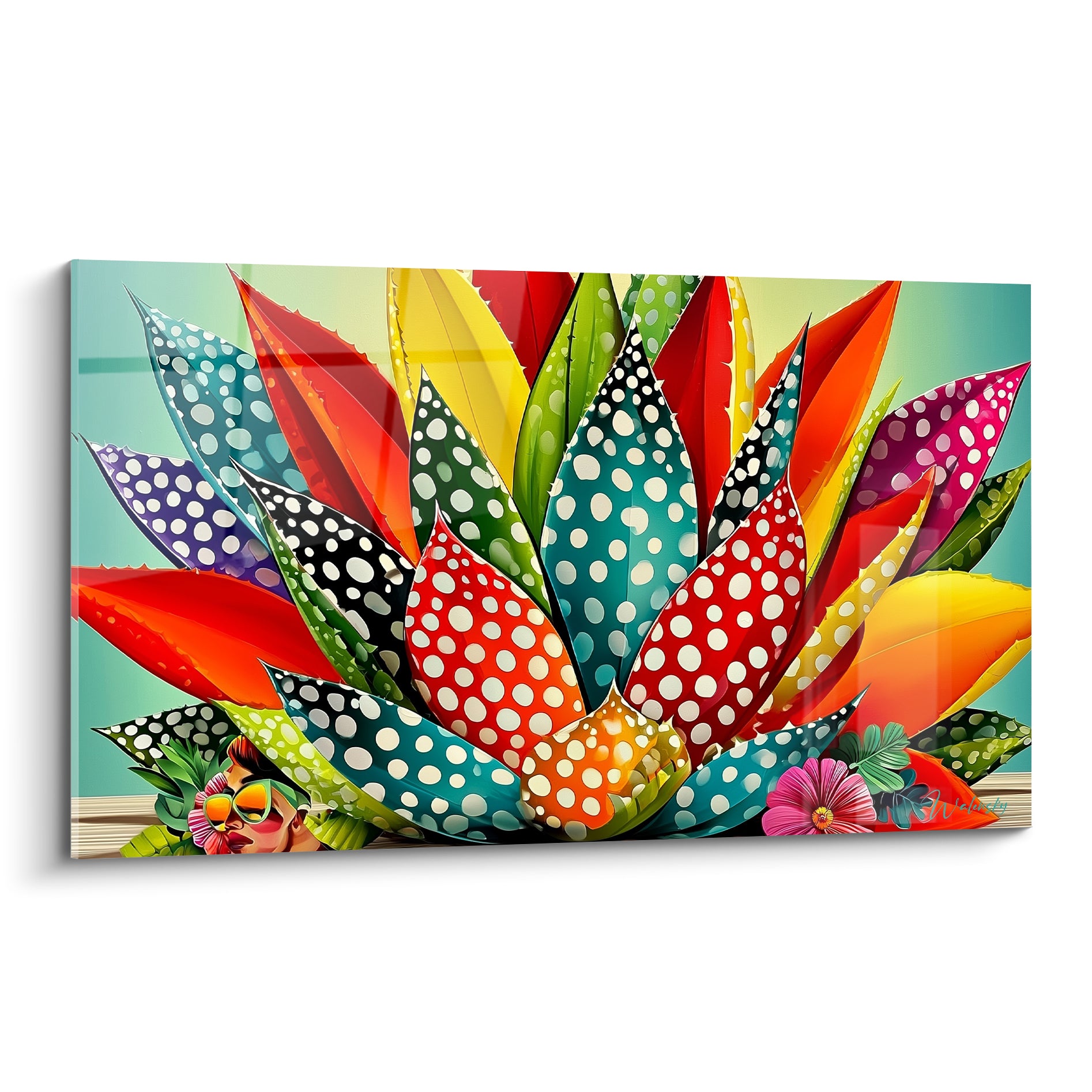 Aloe vera géant aux feuilles turquoise, rouge et jaune moutarde couvertes de pois blancs pop art