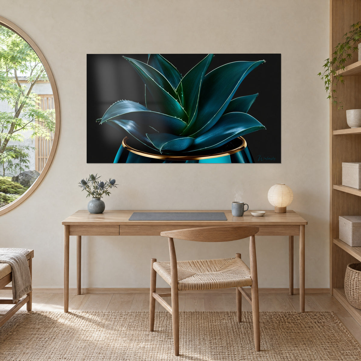 Wall art sculptural aloe in deep blue and green, satin-sheen reflections on the serrated leaves, gold pot, on the wall of a light wood office