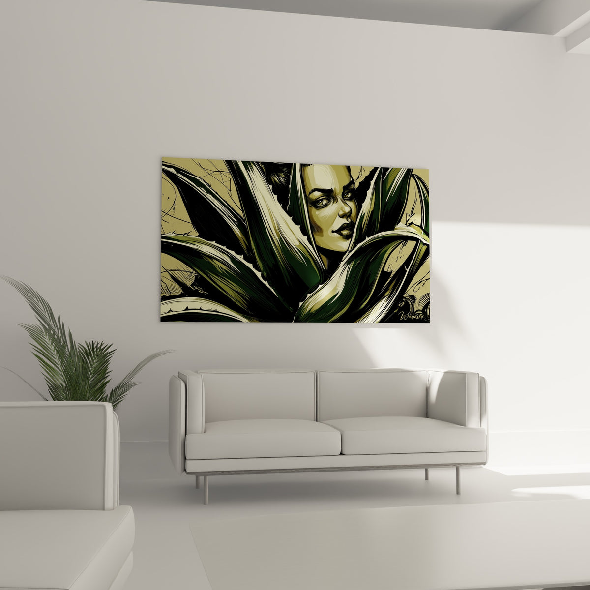 Visage encadré de feuilles vertes et dorées d'Aloe vera au-dessus d'un canapé dans un salon lumineux