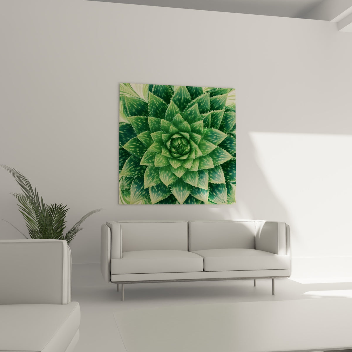 Rosace végétale vert émeraude et ivoire aux pointes acérées, au-dessus d'un canapé dans un salon lumineux