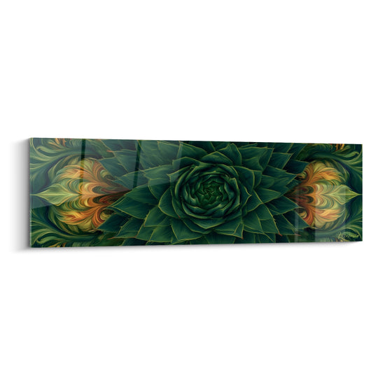 Tableau Aloe vera vert profond aux volutes dorées - Symétrie végétale - Edition Aloe vera