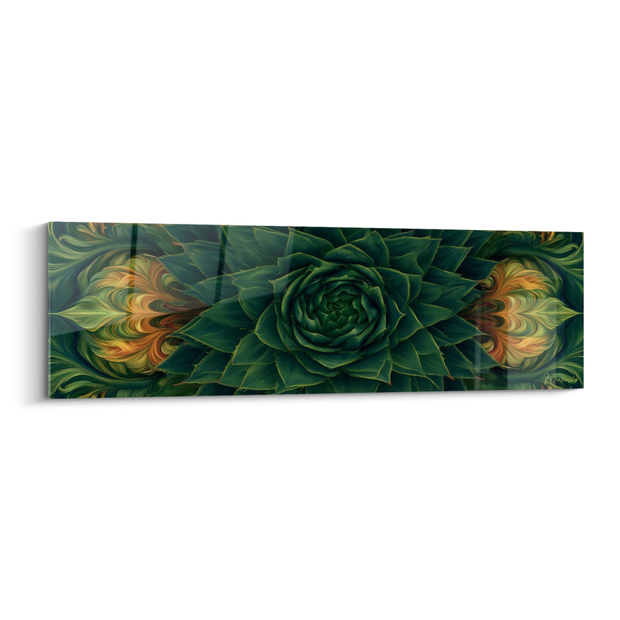Tableau Aloe vera vert profond aux volutes dorées - Symétrie végétale - Edition Aloe vera