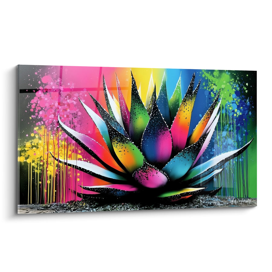 Tableau Aloe vera rose et vert aux coulures multicolores - Éclat arc-en-ciel - Edition Aloe vera