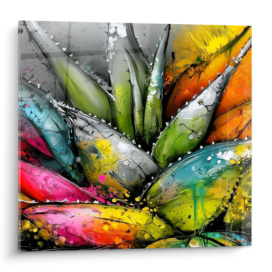Aloe vera aux feuilles roses, turquoise et dorées, peinture texturée à empâtements sur fond gris minéral