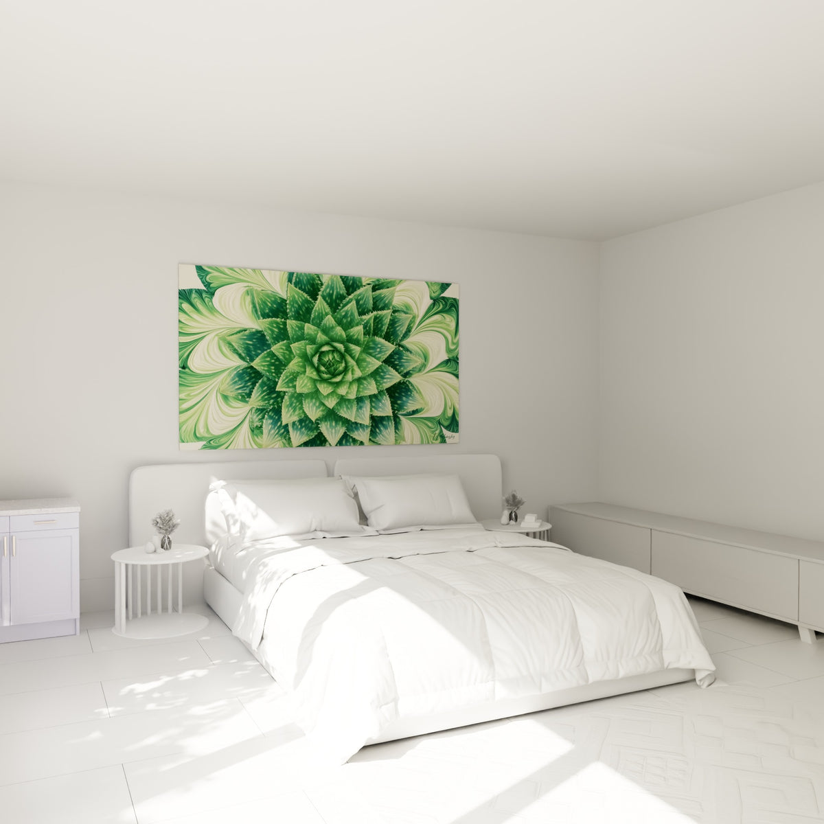 Spirale d'aloe vera vert émeraude et crème au-dessus d'un lit dans une chambre claire