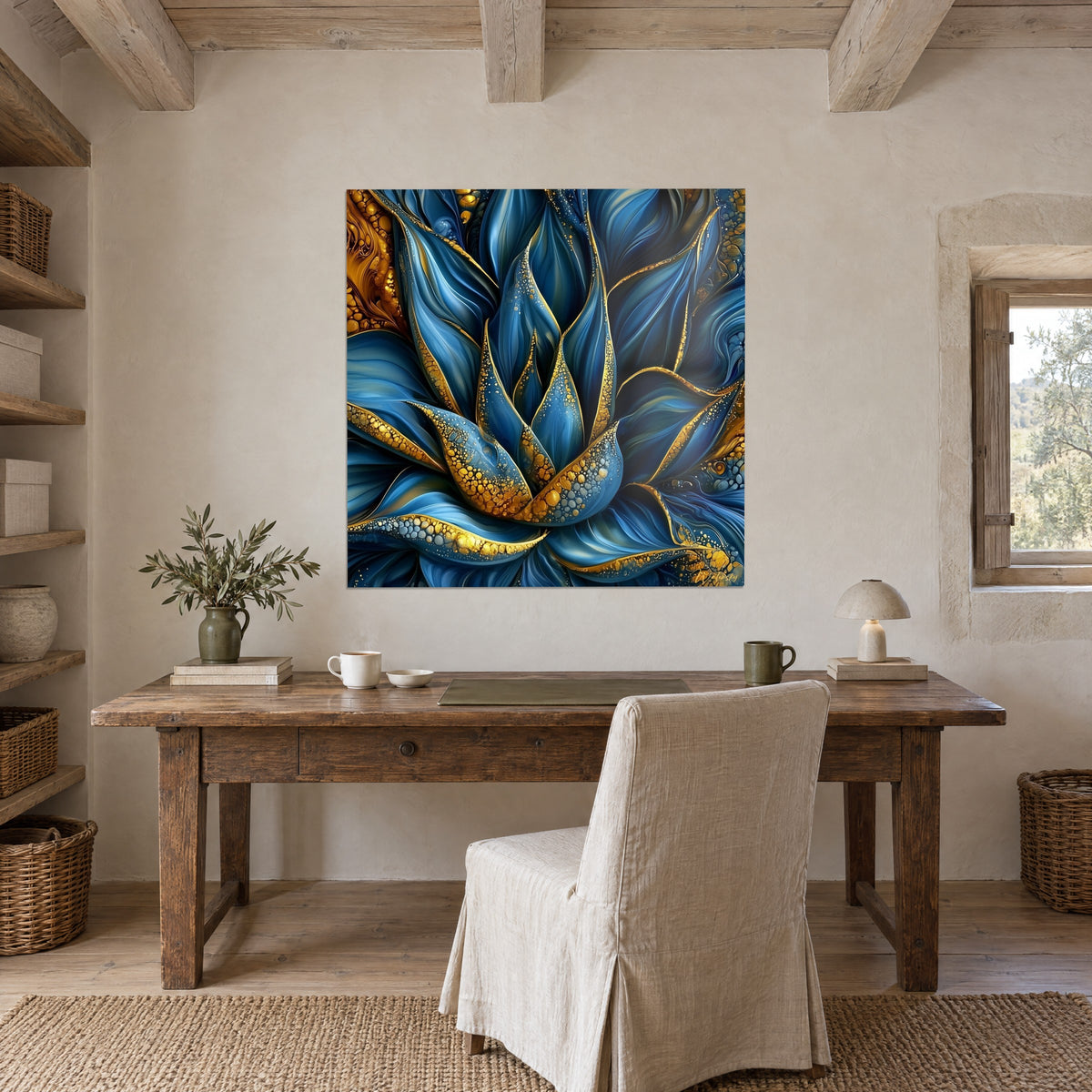 Tableau lotus géant bleu roi piqueté de cabochons ambrés, accroché au-dessus d'un bureau en bois brut, mur de chaux