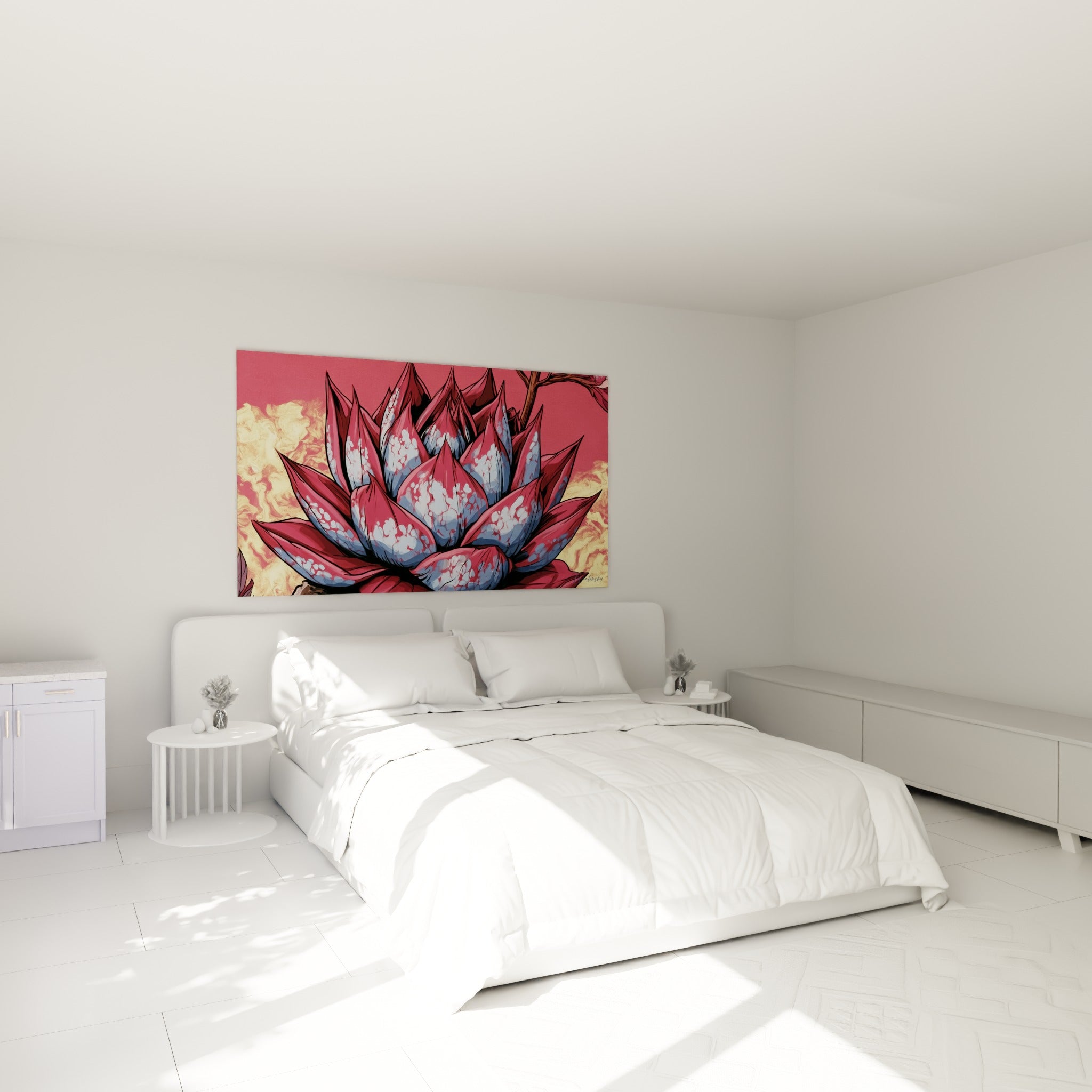 Rosette d'Aloe vera rouge et bleu accrochée au-dessus d'un lit dans une chambre claire