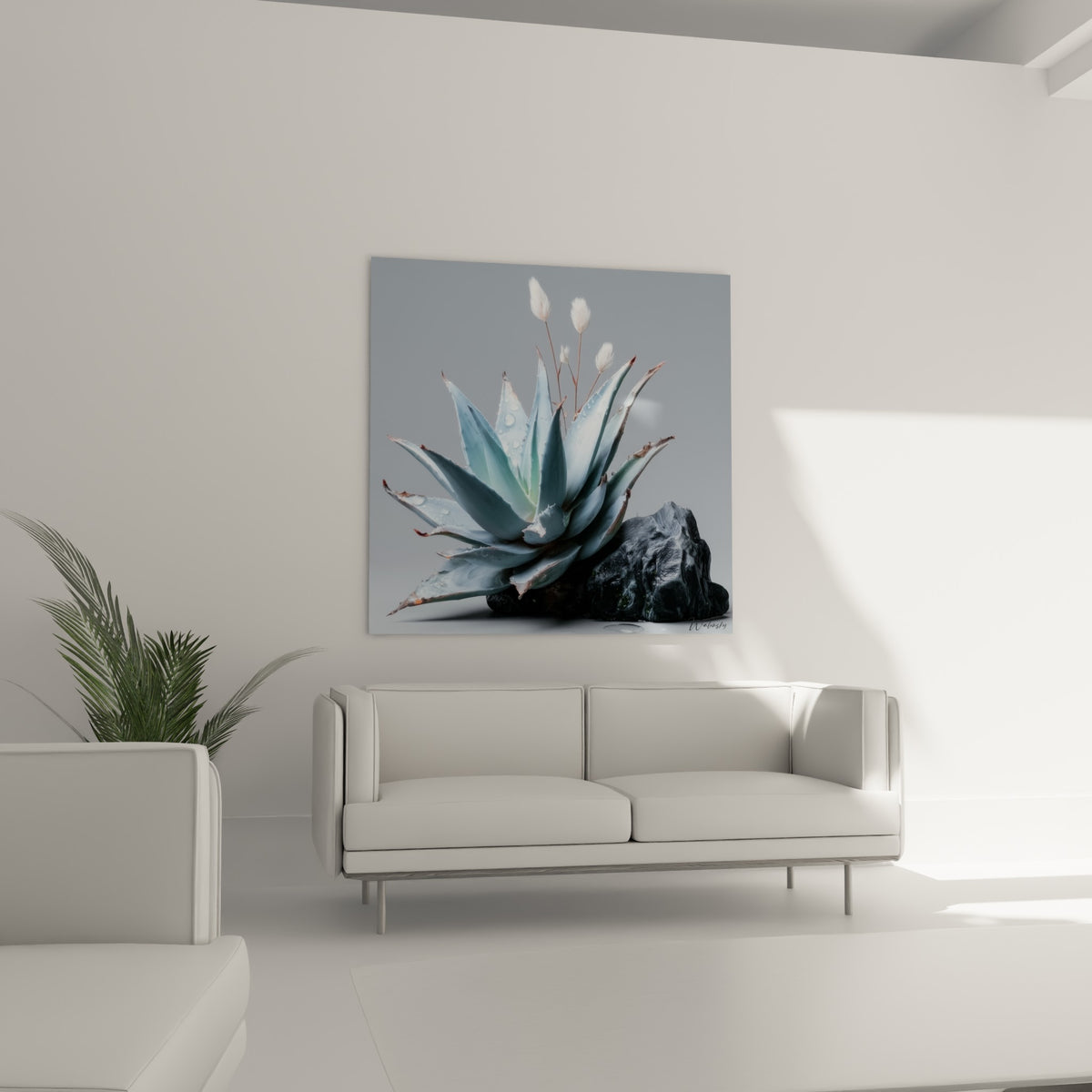 Rosette d'aloès glacé et roche anthracite texturée, au-dessus d'un canapé dans un salon lumineux