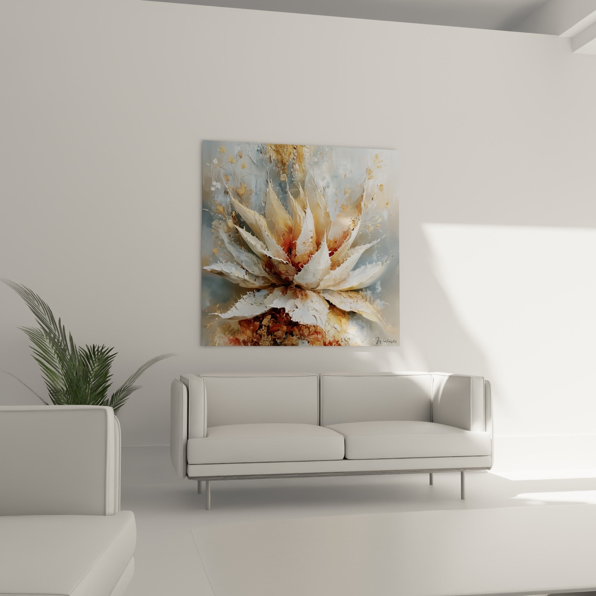 Rosette d'aloe vera nacrée et ocre aux reflets dorés, au-dessus d'un canapé dans un salon lumineux