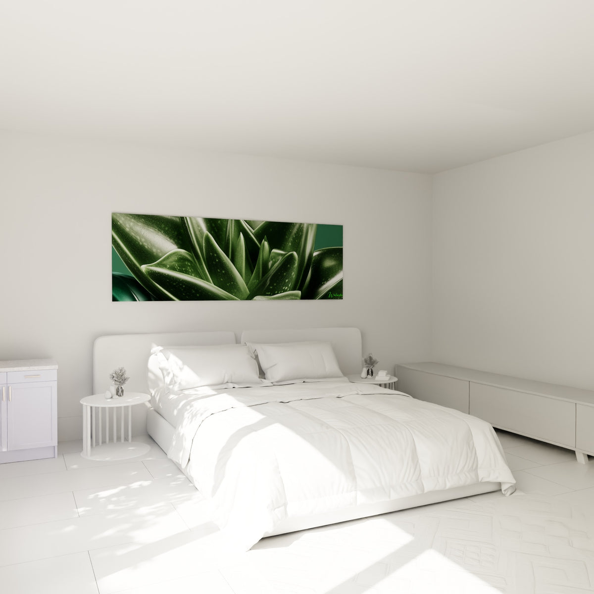 Feuilles d'aloe vera vert émeraude et anthracite disposées au-dessus d'un lit dans une chambre claire.