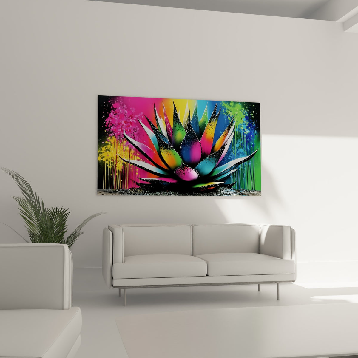 Rosette végétale rose et verte aux nervures noires, disposée au-dessus d'un canapé dans un salon lumineux