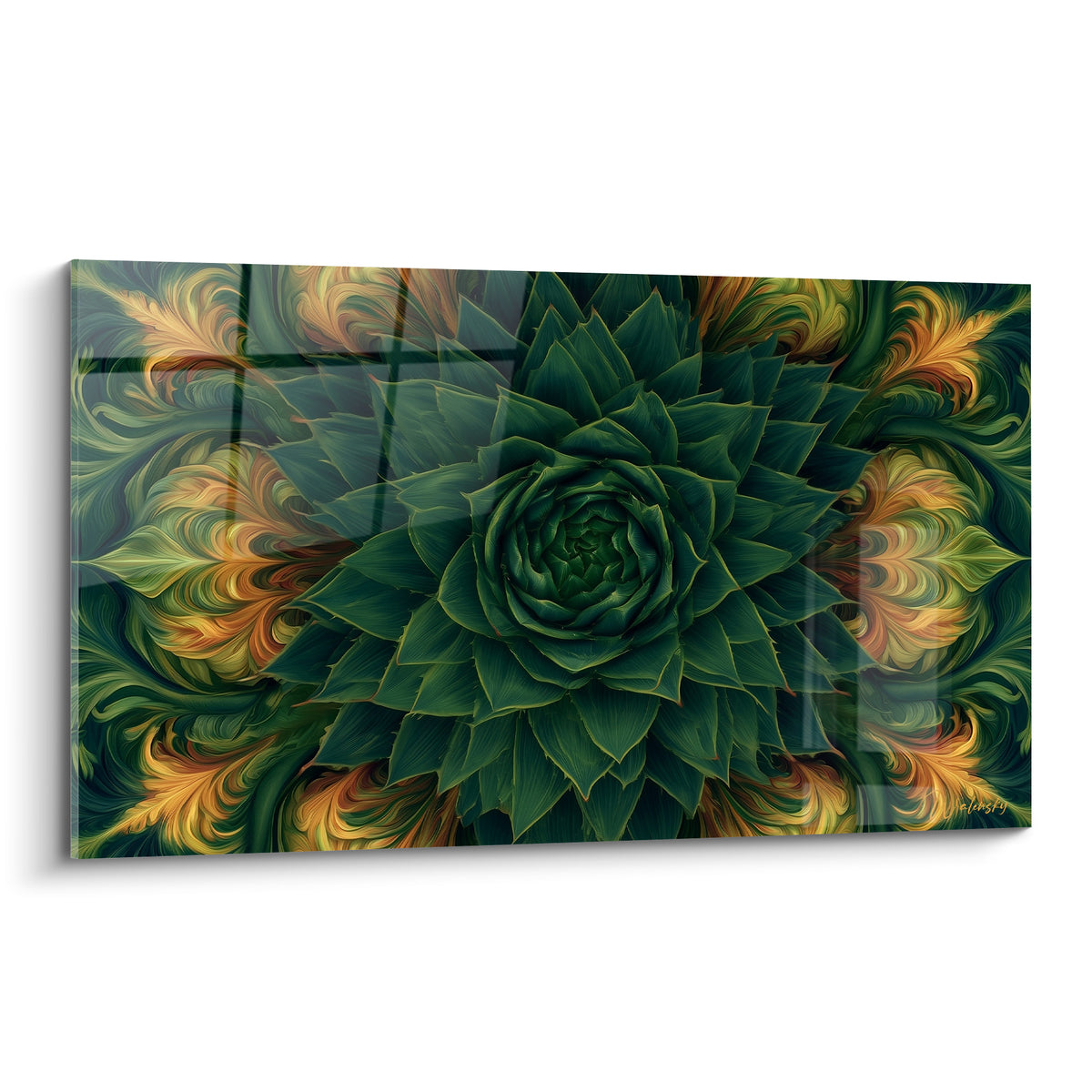 Rosette d'aloe vera vert profond entourée de volutes dorées et ocre en spirale symétrique