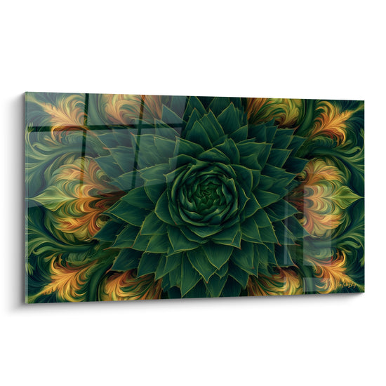 Rosette d'aloe vera vert profond entourée de volutes dorées et ocre en spirale symétrique