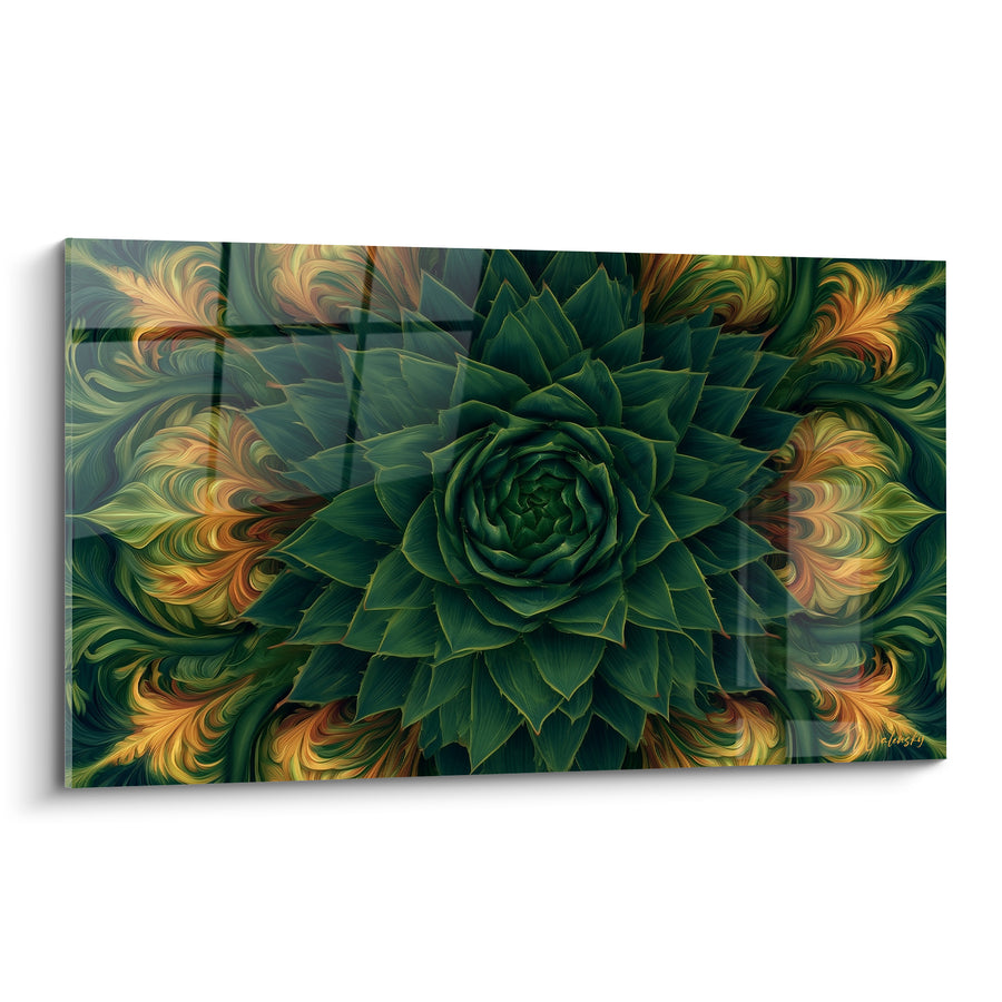 Tableau Aloès vert profond aux volutes ambrées symétriques - Rosace en spirale - Edition Aloe vera