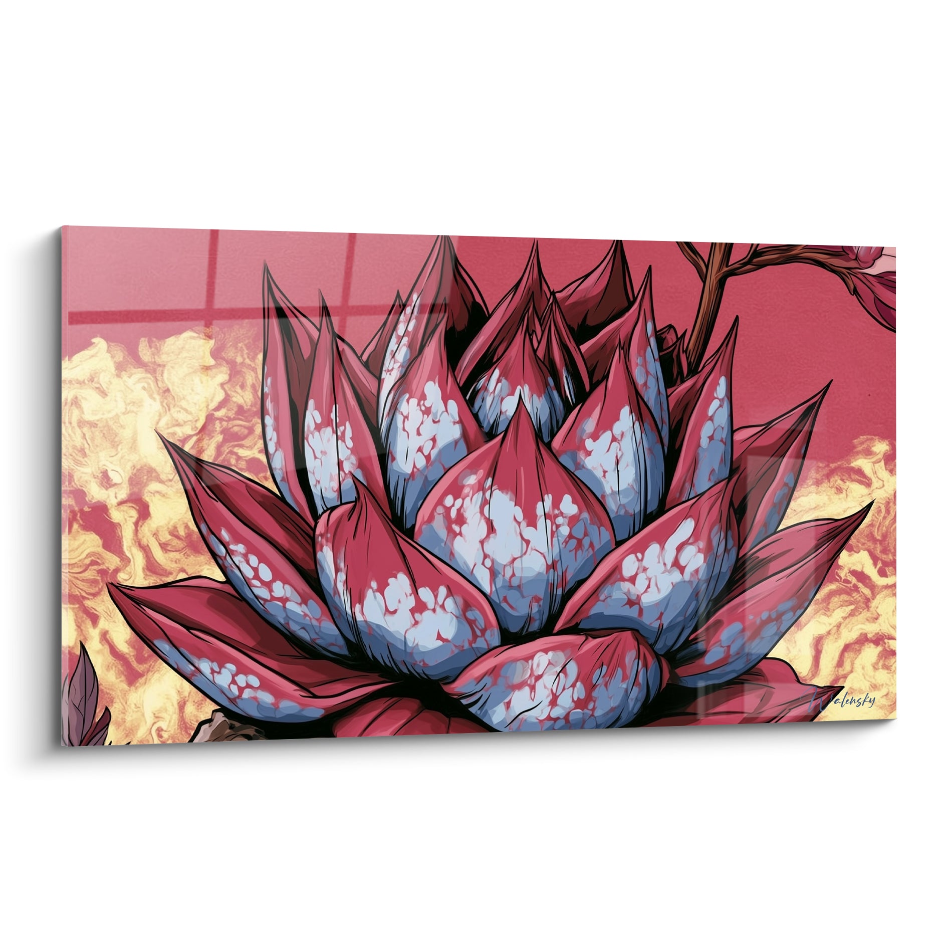 Aloe vera rouge et bleu pastel en rosette, cerné de flammes dorées sur fond corail