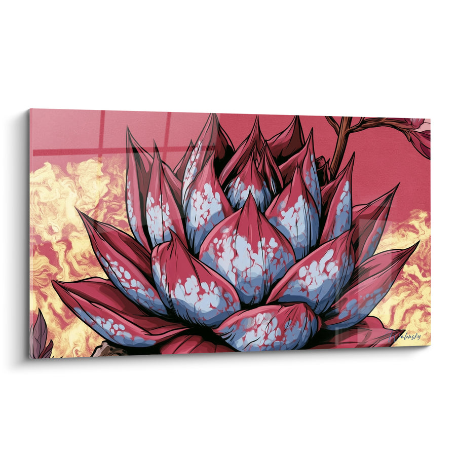 Tableau Aloe vera rouge et bleu aux tourbillons dorés - Éclosion flamboyante - Edition Aloe vera