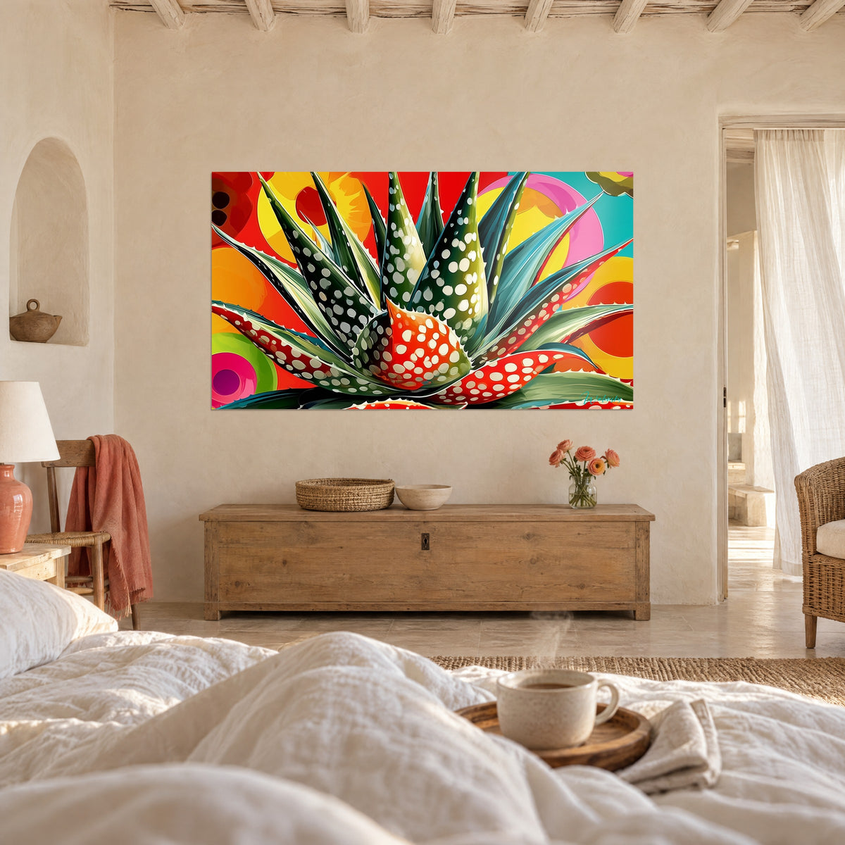 Tableau rosette d'aloe vera tachetée de blanc, vert profond et rouge corail sur halos jaunes, au-dessus d'un lit dans une chambre claire