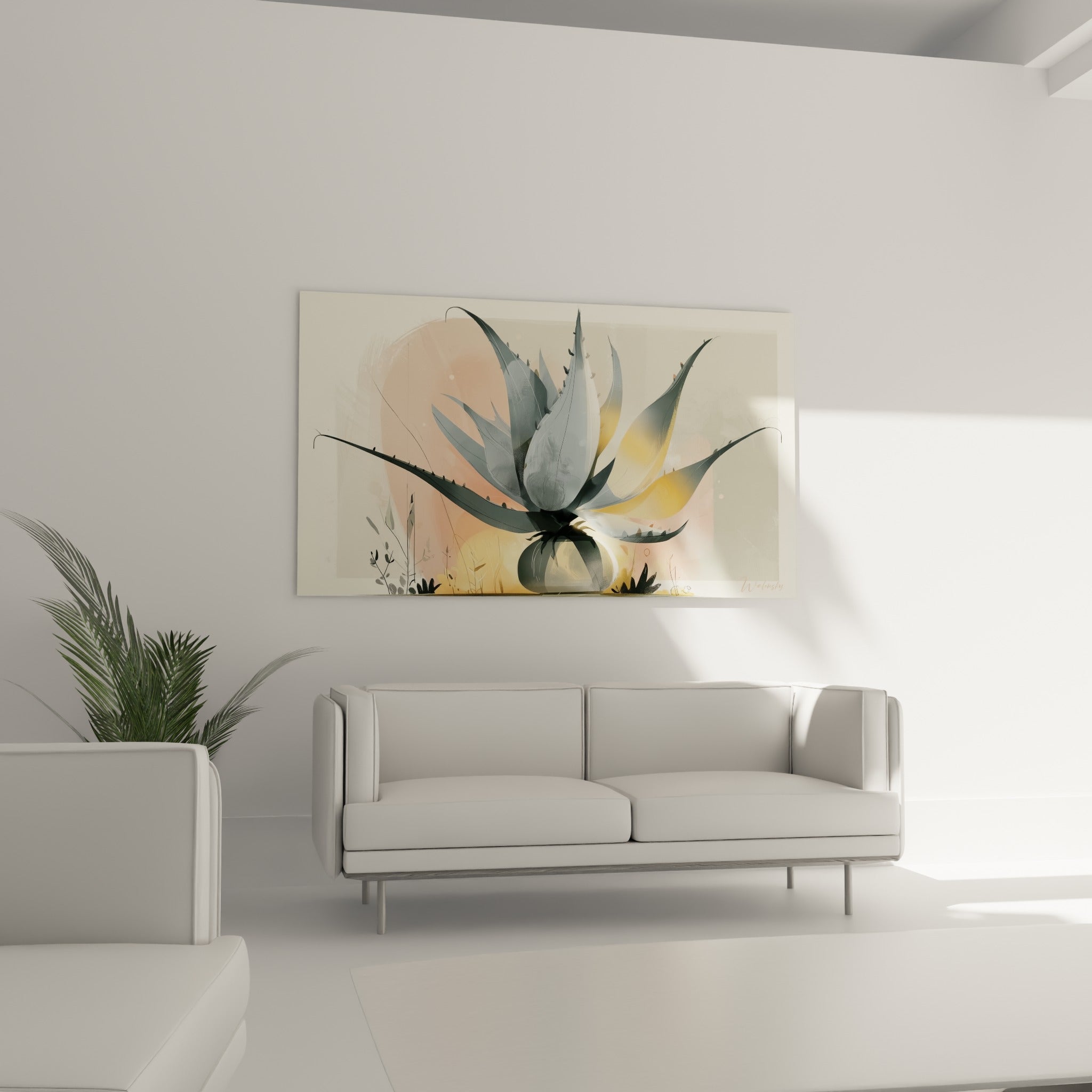 Feuilles pointues d'aloe vera en bleu-gris et doré sur fond terracotta, au-dessus d'un canapé dans un salon lumineux.