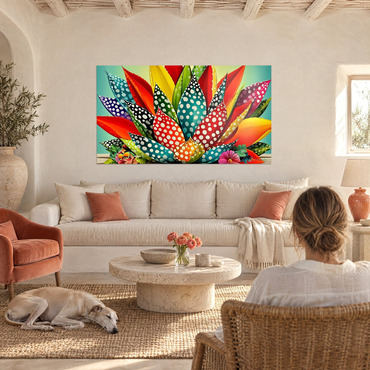 Wall art of a giant aloe with red and turquoise leaves dotted with white spots, above a sofa in a bright living room
