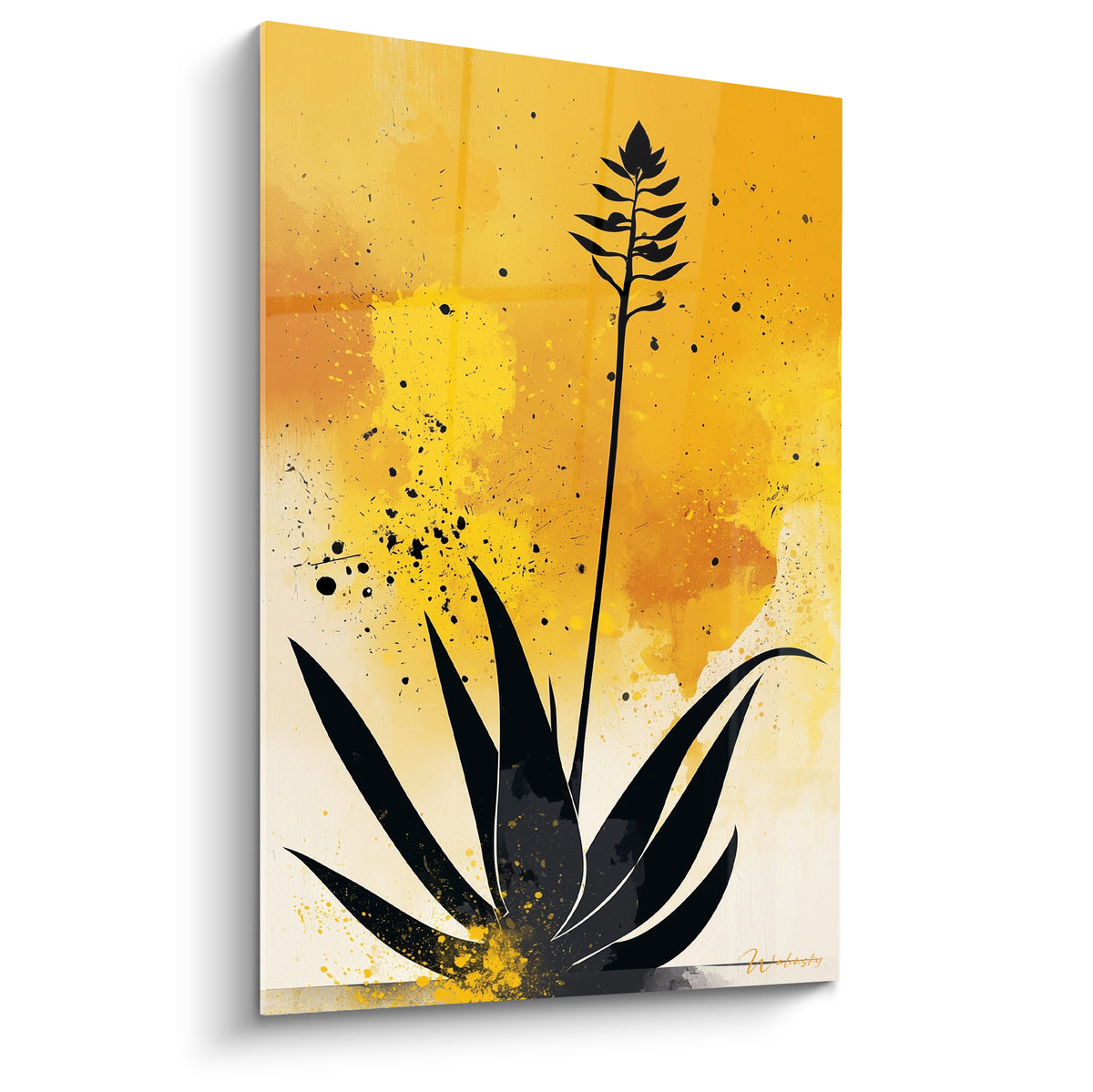 Aloe vera en silhouette noire se dresse sur un fond jaune moutarde et orangé éclaboussé
