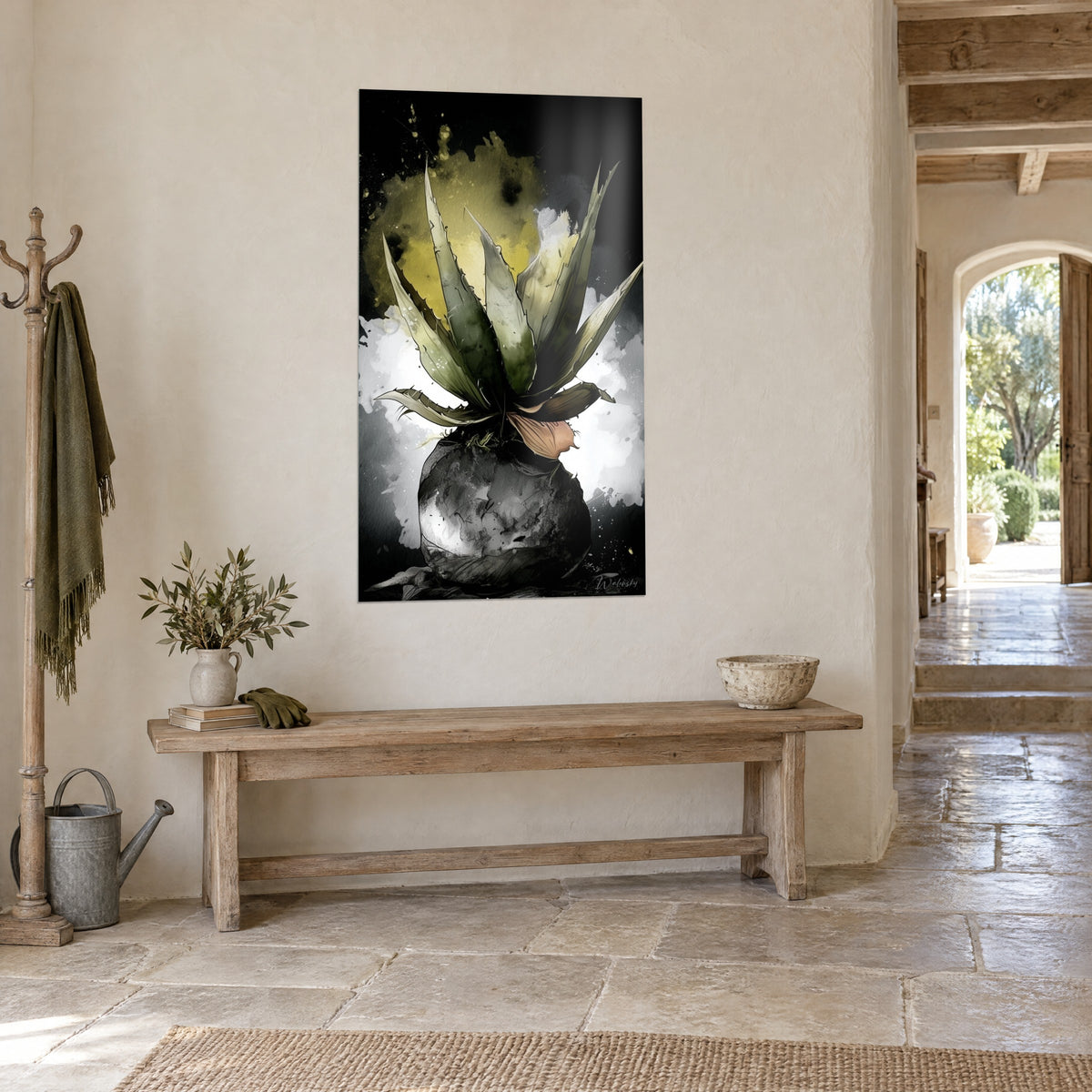 Wall art sculptural agave with fine spines, mustard-yellow and off-white marks on a black background, stone hallway in three-quarter view