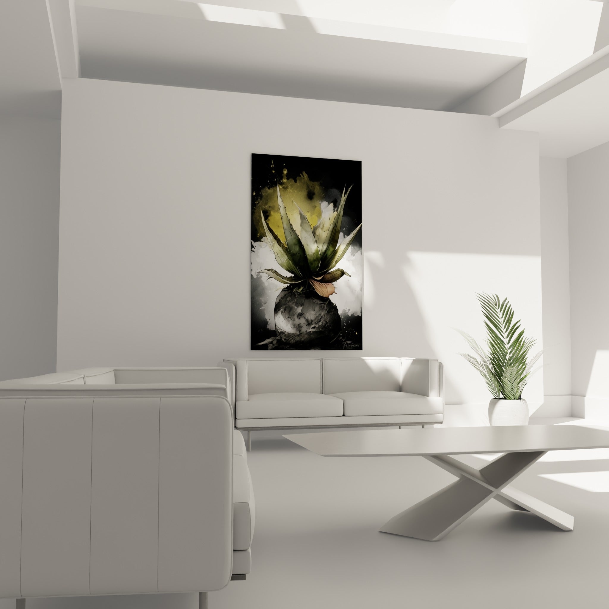 Plante d'aloe vera anthracite et dorée sur socle rocheux, au-dessus d'un canapé dans un salon lumineux