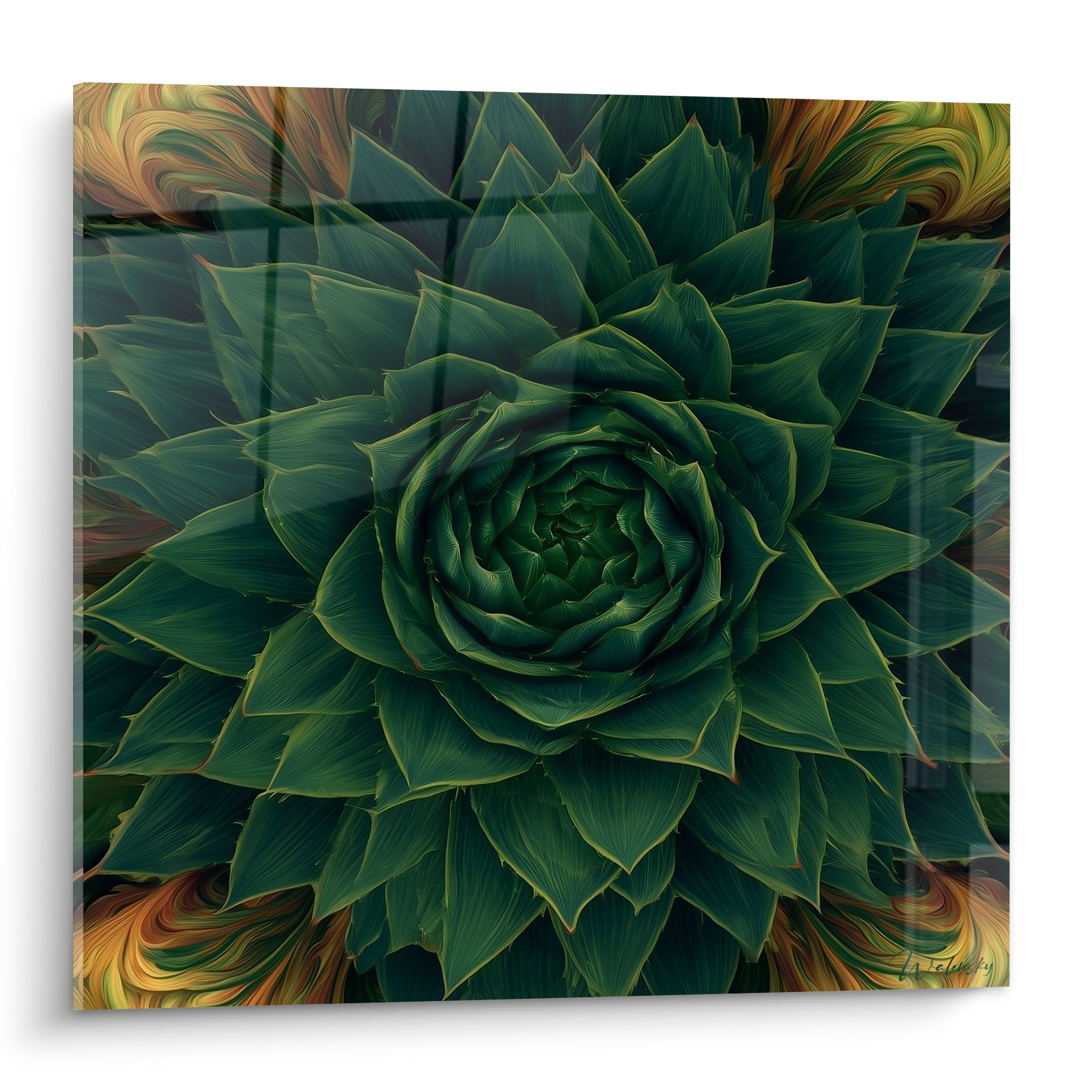Aloe vera en spirale vert émeraude, feuilles pointues et volutes dorées aux angles