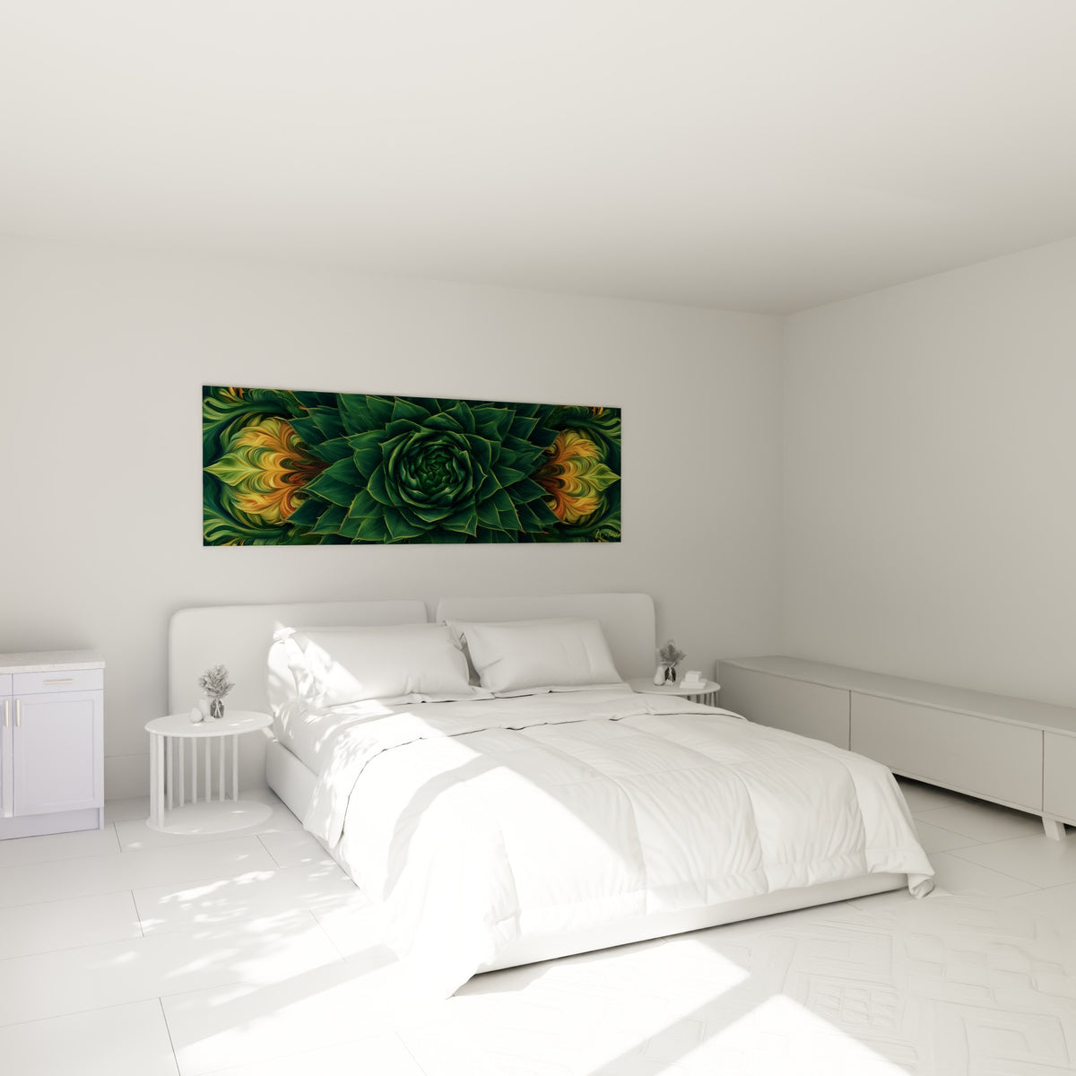 Rosace d'aloe vera vert profond aux touches orangées, accrochée au-dessus d'un lit dans une chambre claire.