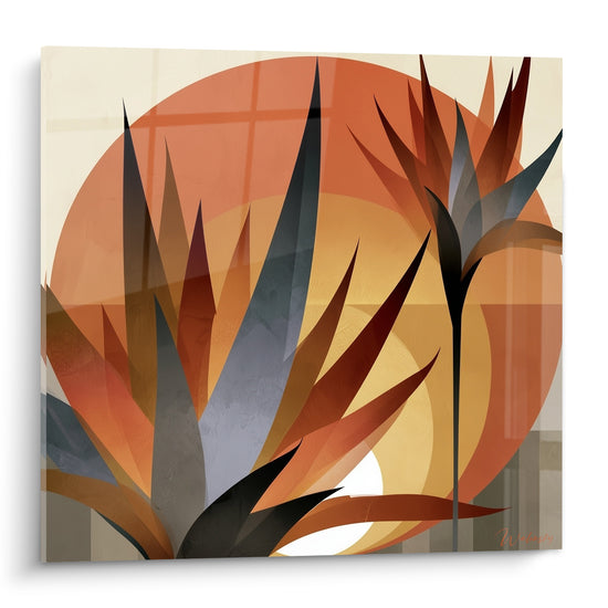 Aloe vera géométrique aux feuilles bleu ardoise et terracotta devant un soleil ocre stylisé