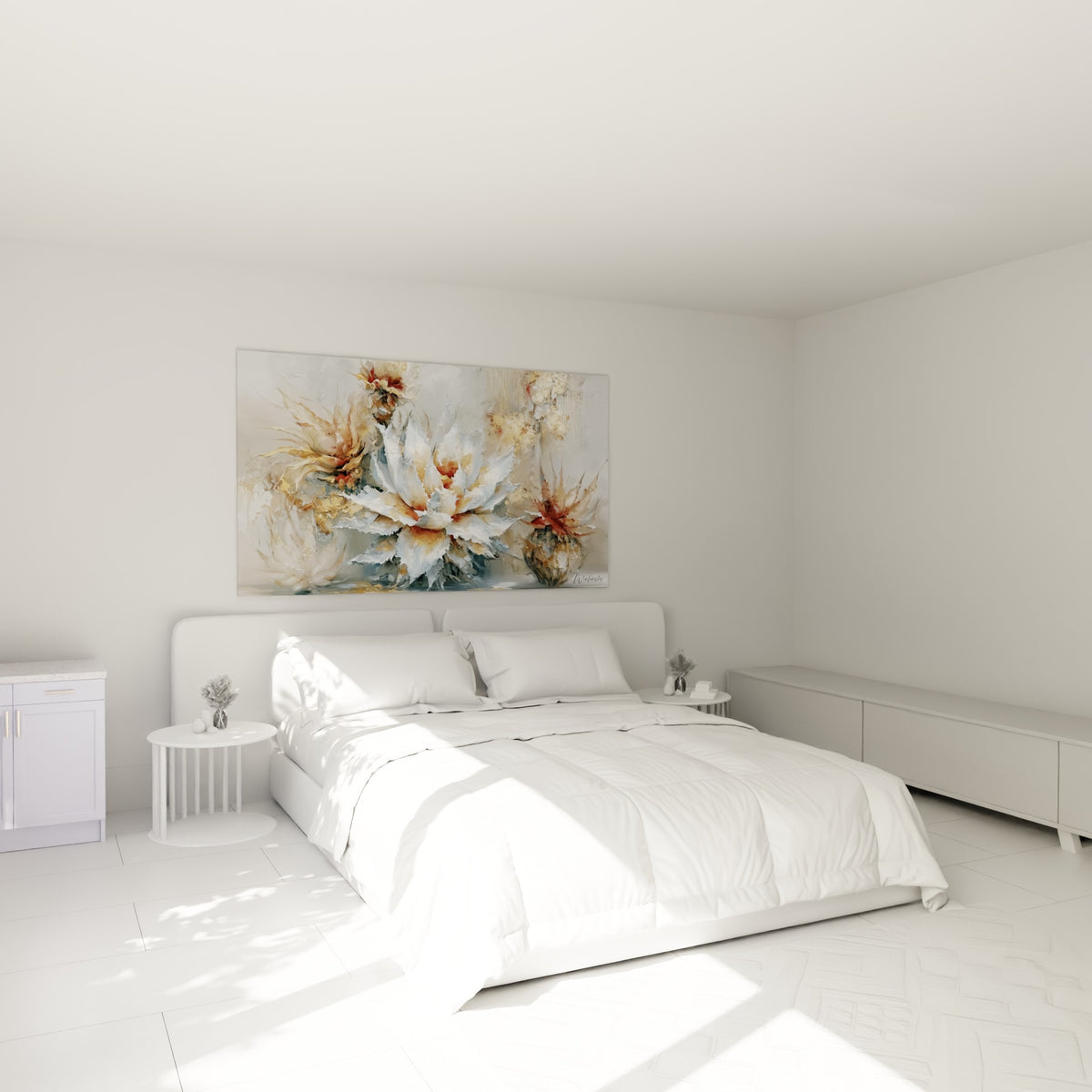 Fleur d'aloès blanche et terracotta peinte au couteau, au-dessus d'un lit dans une chambre claire
