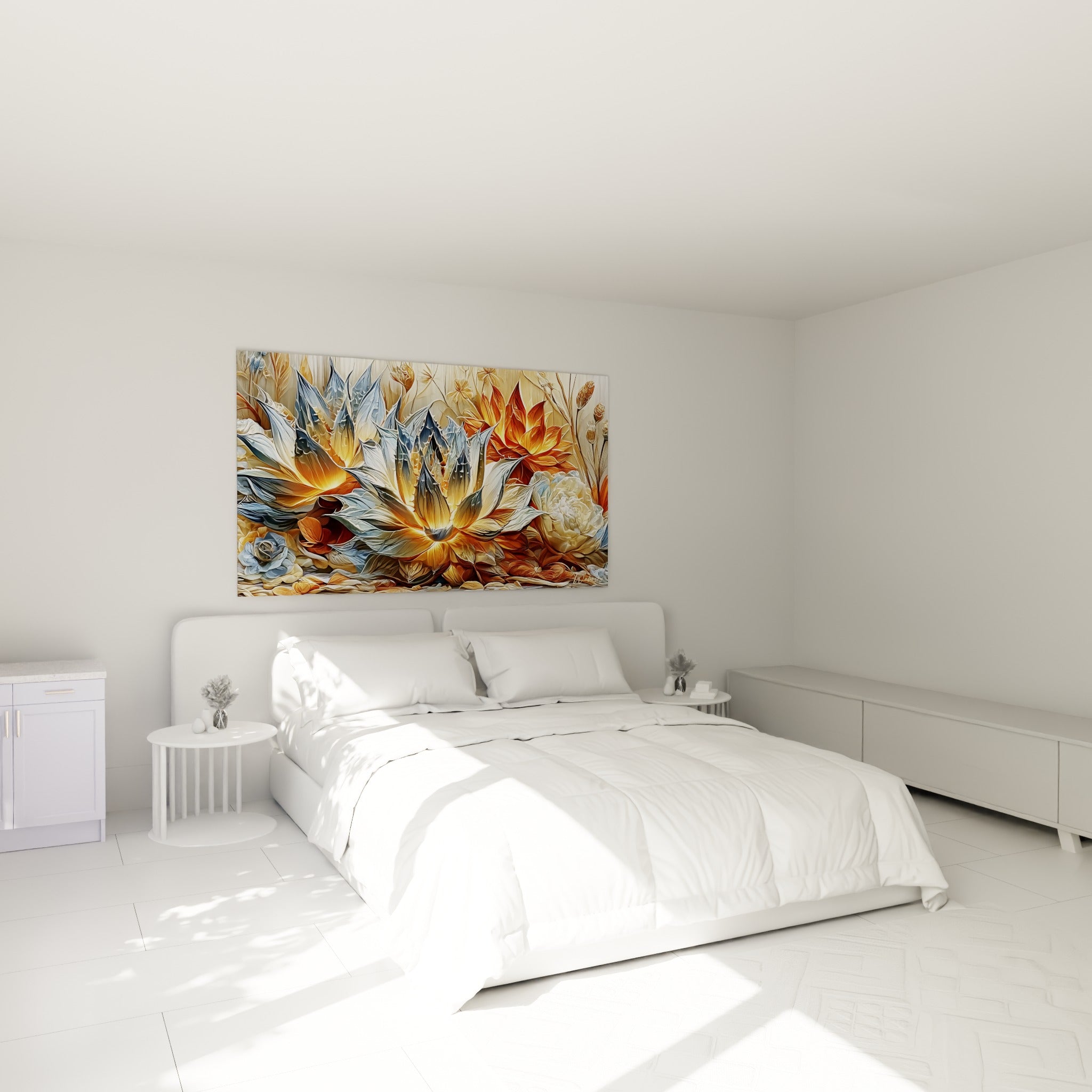Aloe vera aux teintes terracotta et bleutées, accroché au-dessus d'un lit dans une chambre claire.