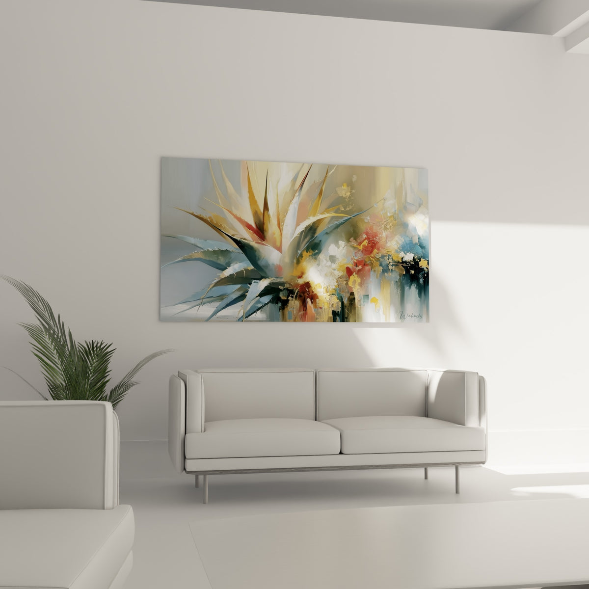 Feuilles bleu-gris et cœur doré d'un aloe vera abstrait, suspendu au-dessus d'un canapé dans un salon lumineux