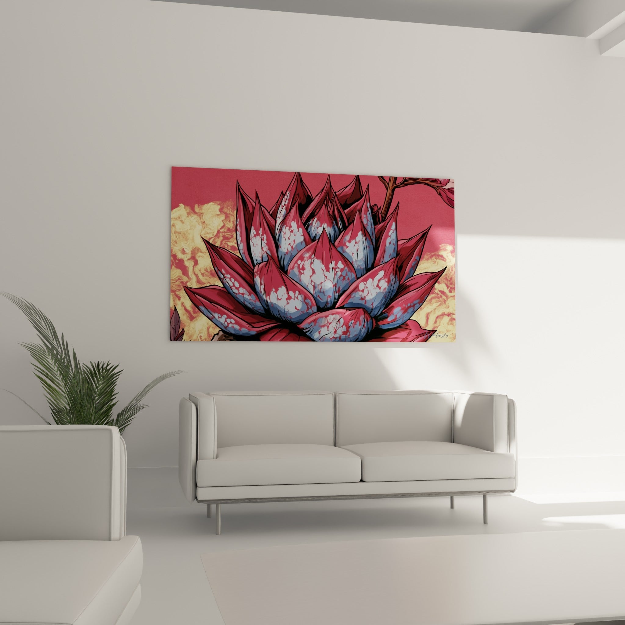 Feuilles d'Aloe vera terracotta et bleu pastel au-dessus d'un canapé dans un salon lumineux