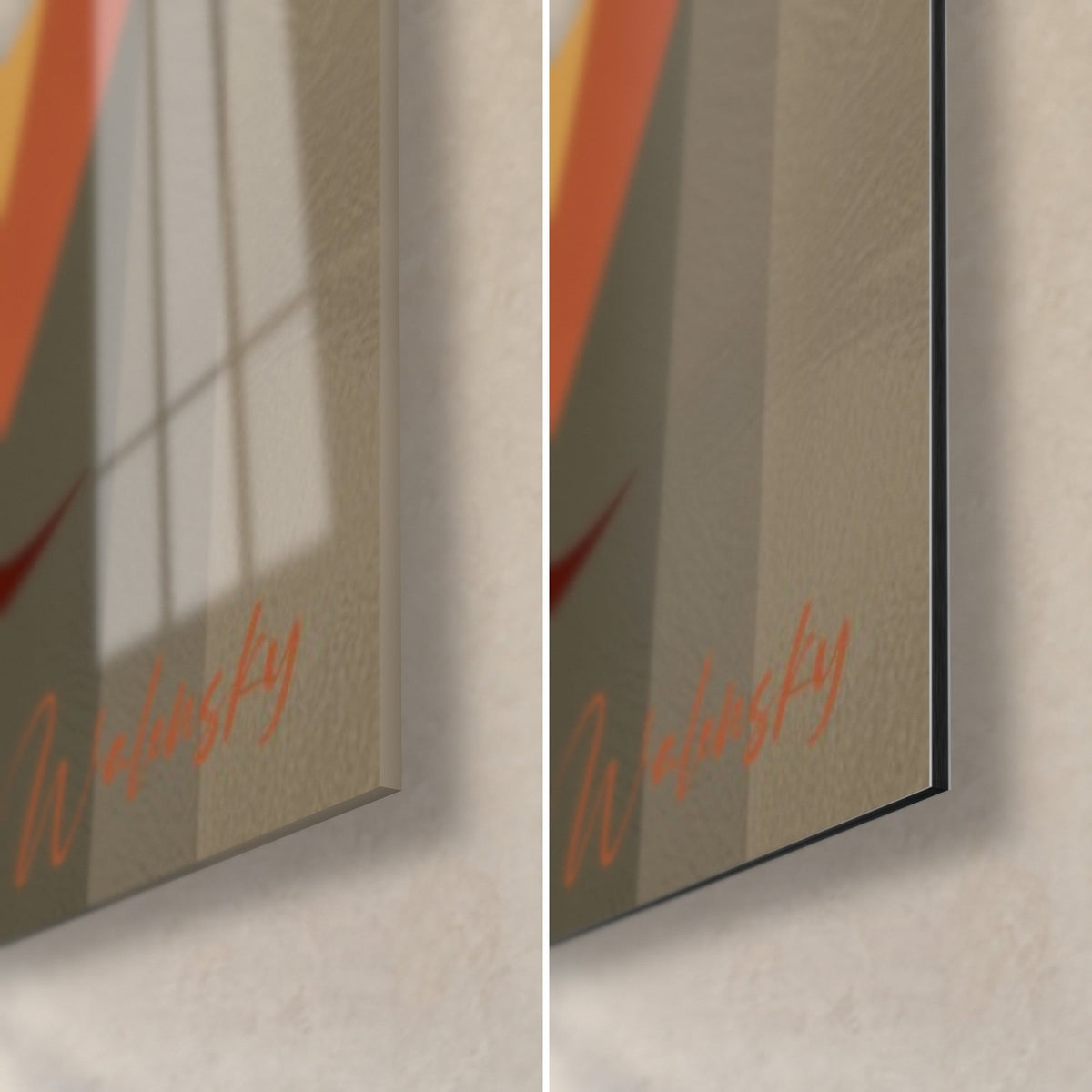 Wall art with stylised agave in terracotta and slate grey, bottom right corner: glossy glass on the left, matte Dibond on the right, 3 mm edge