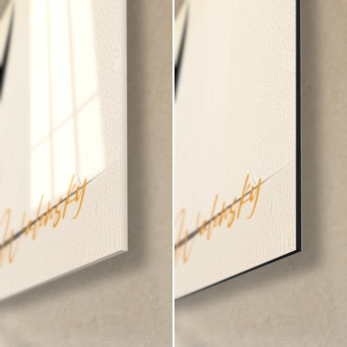 Wall art black and yellow aloe vera, bottom right corner: glossy acrylic glass on the left, matte Dibond on the right, 3 mm edge