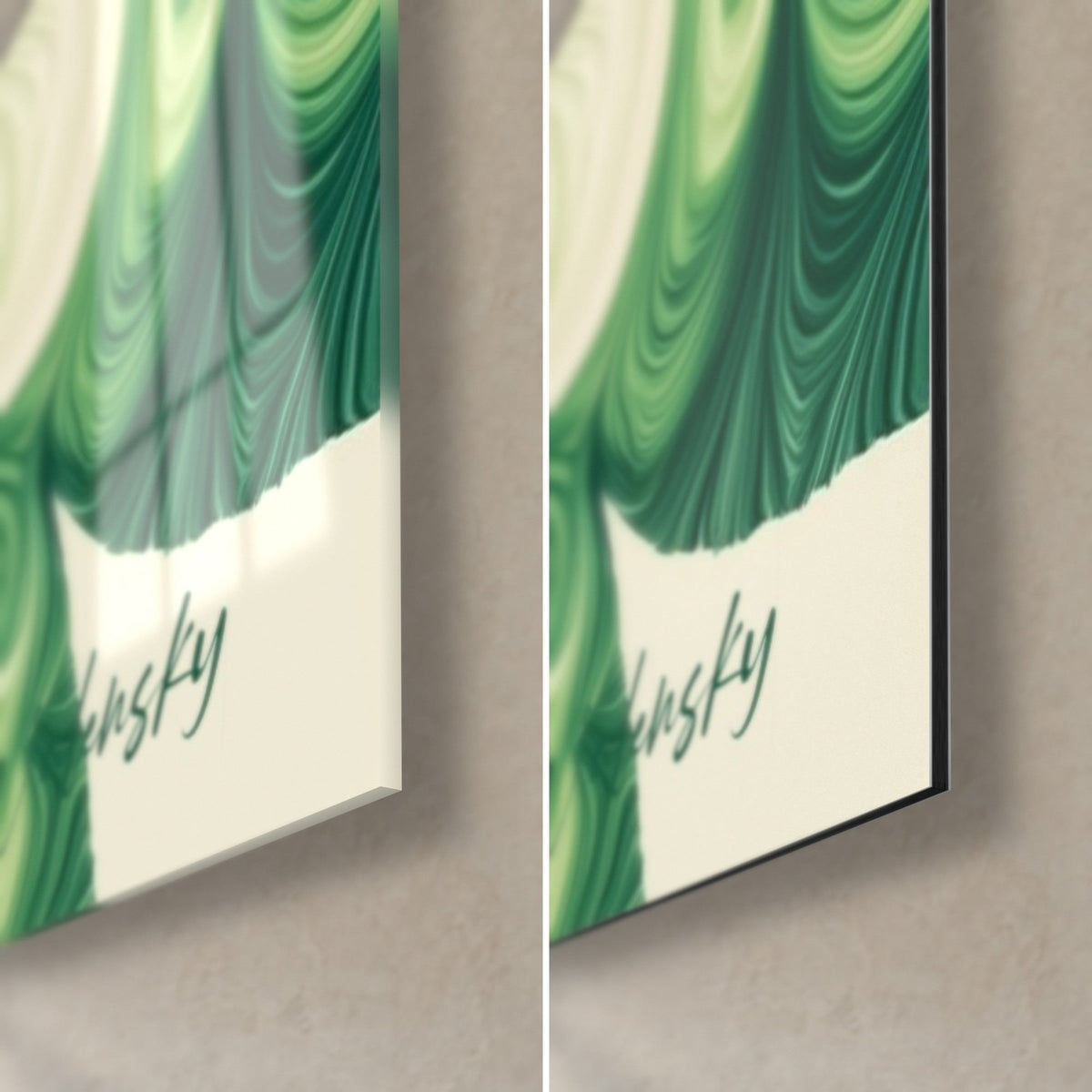 Gemälde Aloe-Rosette, untere rechte Ecke: glänzendes Glas mit Reflexen links, mattschwarzes Dibond rechts, grüne Signatur auf Creme