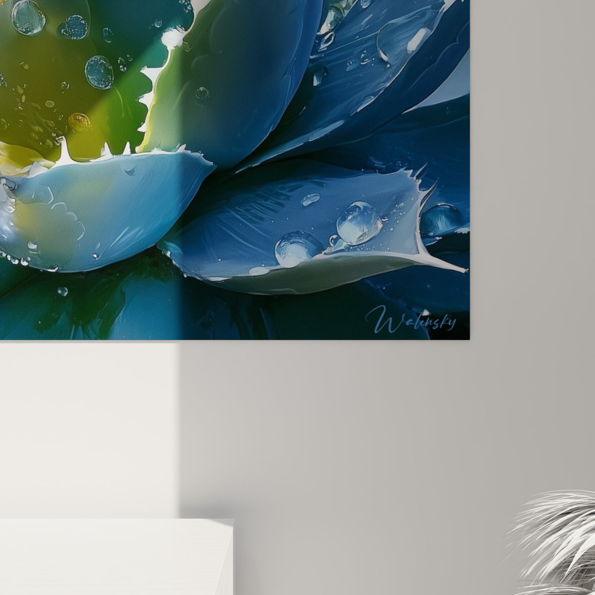 Gouttes de rosée transparentes sur feuilles bleu ardoise et orangées de l'aloe vera, texture détaillée