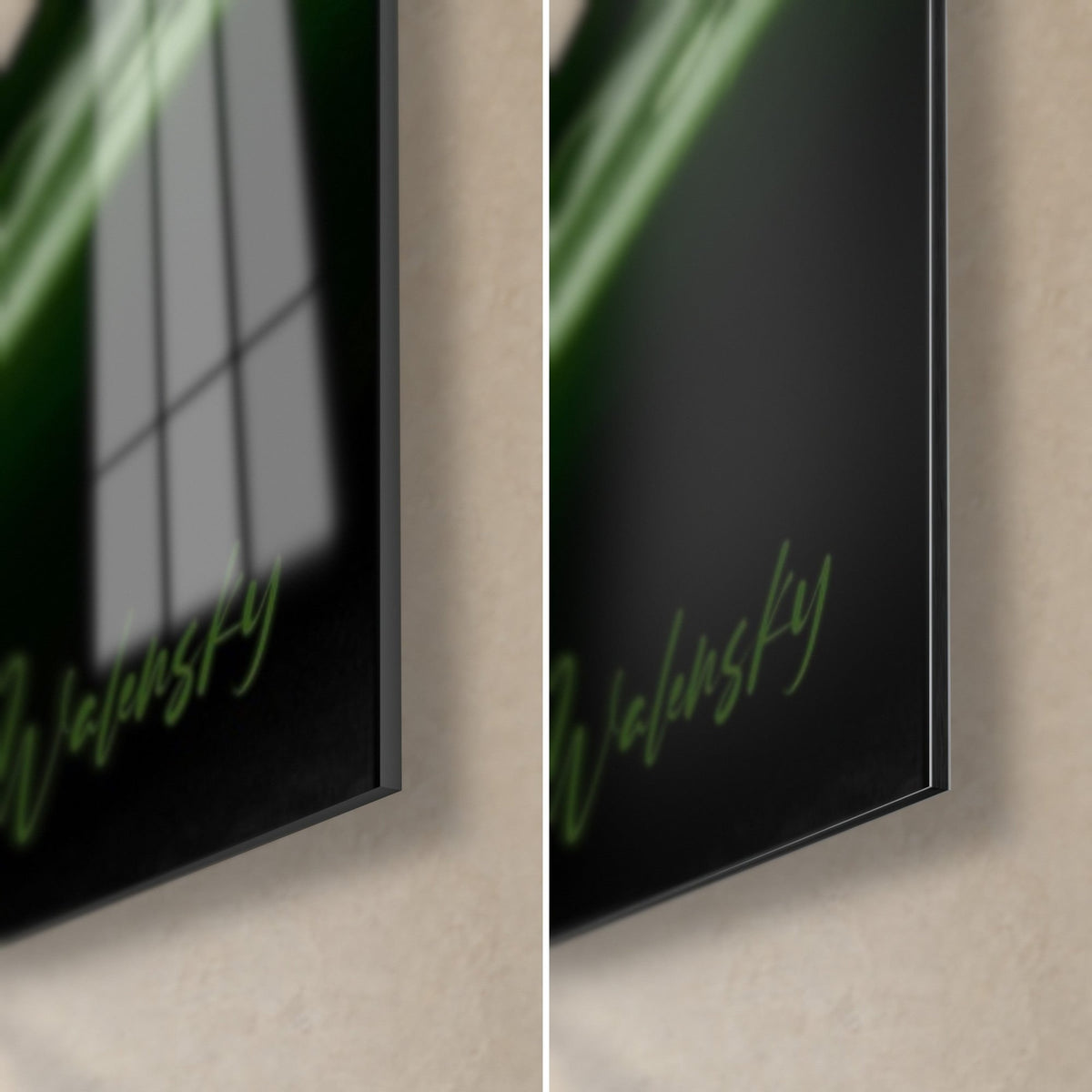Wall art with dark green and white aloe vera slices, bottom right corner: glossy acrylic glass on the left, matte black Dibond on the right