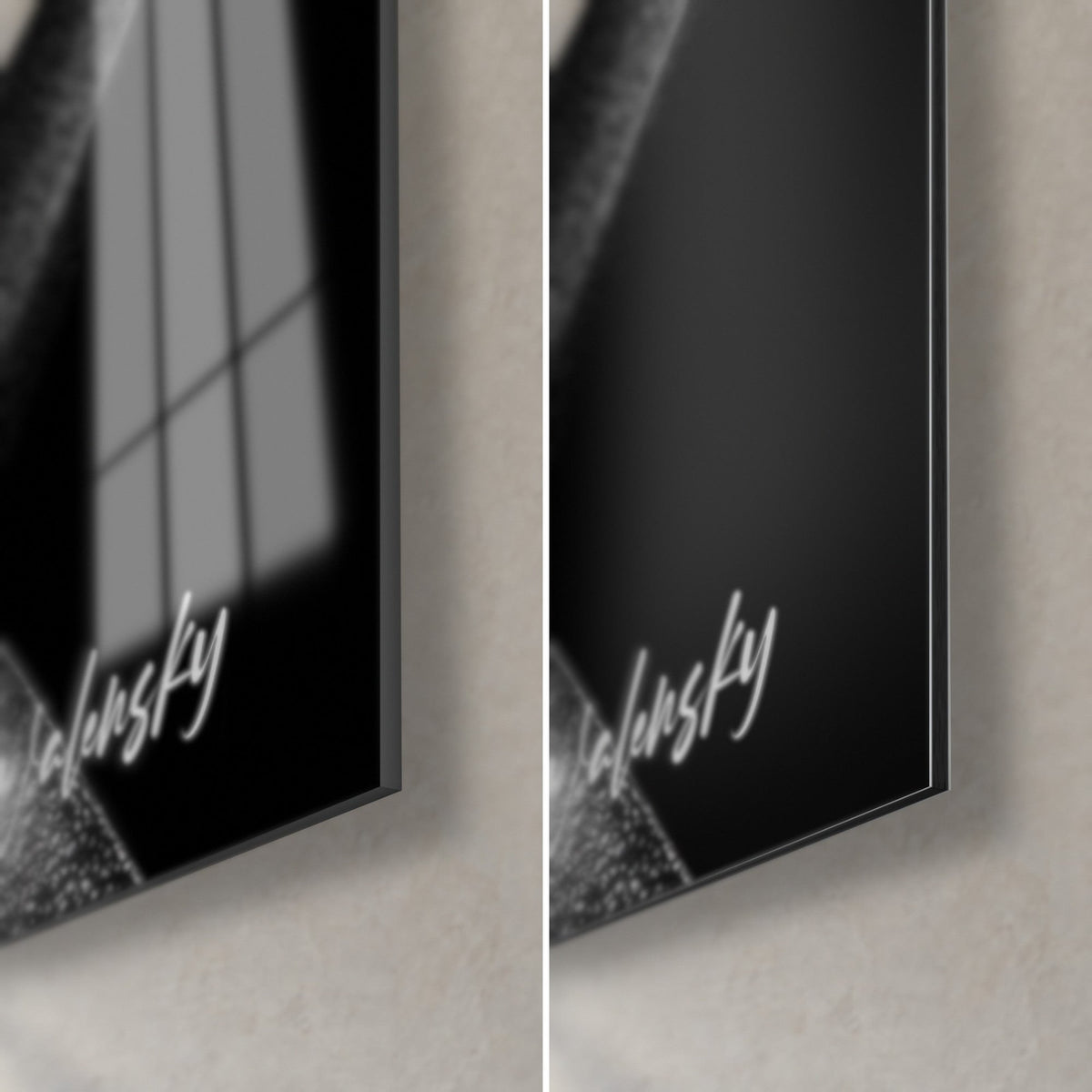 Wall art dark agave with silver-speckled leaves, bottom right corner: glossy acrylic glass on the left, matte black Dibond on the right, 3 mm edge