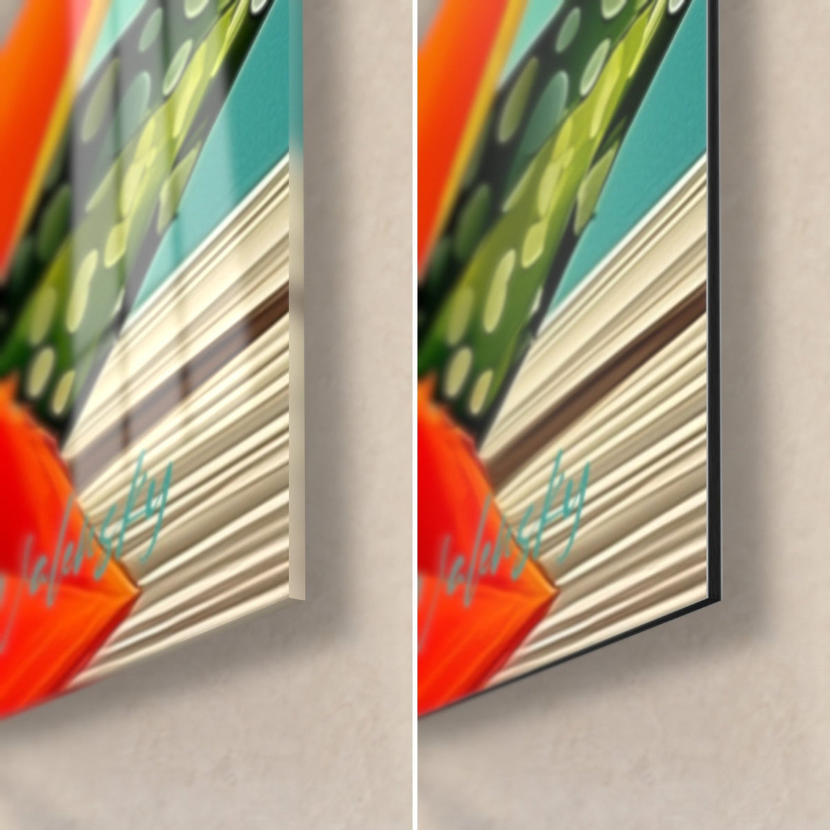 Wall art of a red and green aloe vera leaf with ivory dots, bottom right corner: glossy glass on the left, matte Dibond on the right