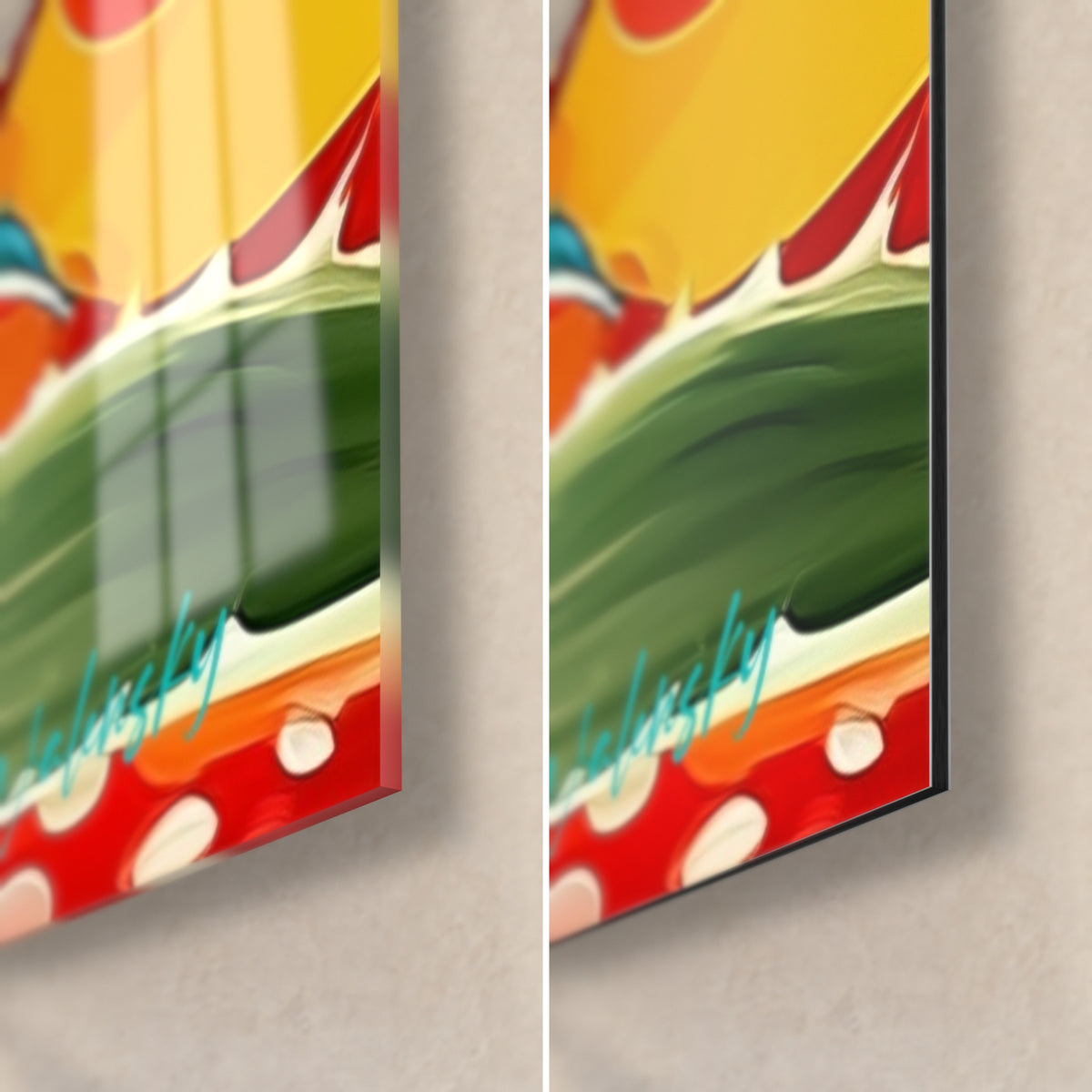 Tableau succulente à pois ivoire, coin bas droit : verre acrylique brillant à gauche, Dibond mat à droite, vert et rouge vifs