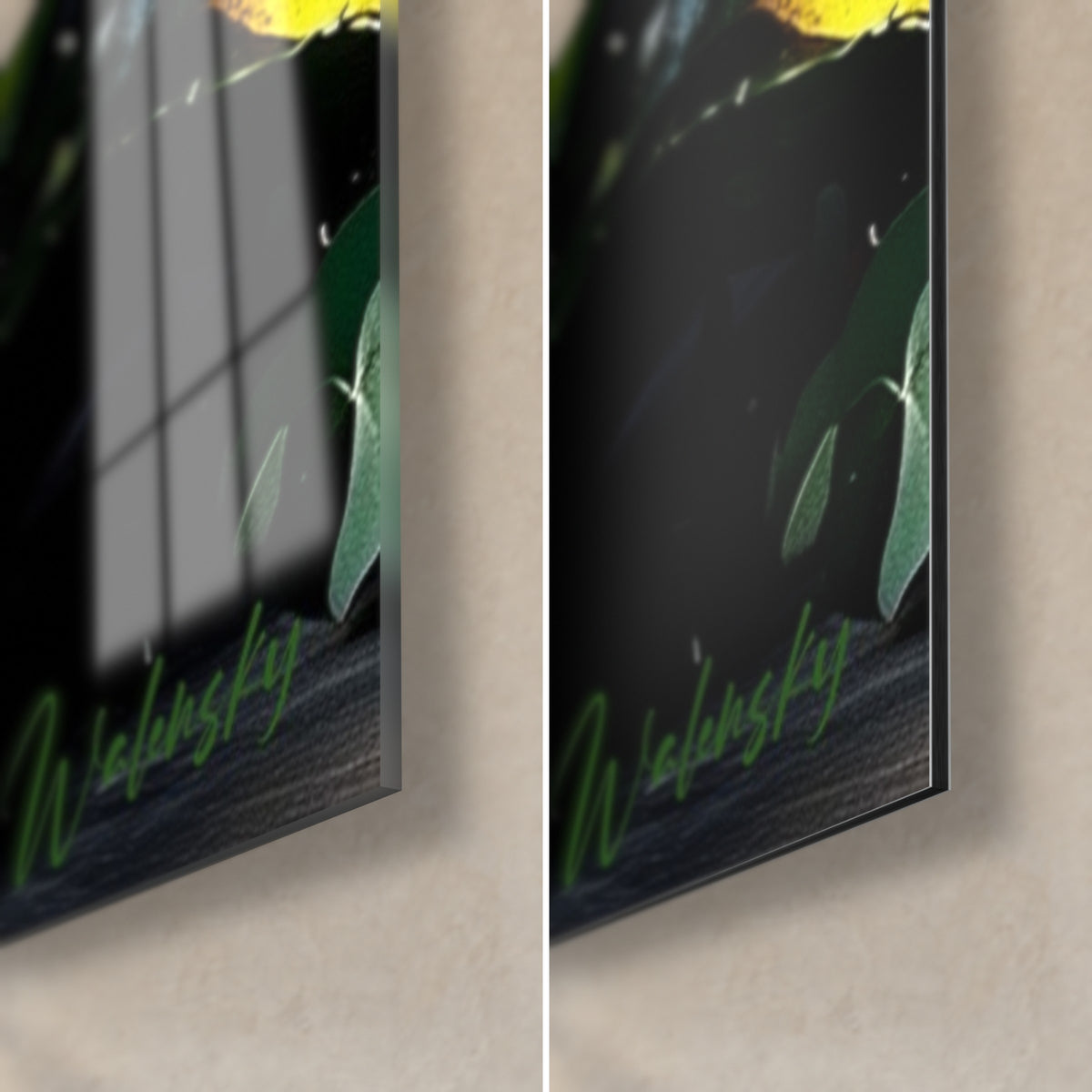 Tableau plante grasse vert profond aux piquants blancs, coin bas droit : verre brillant à gauche, Dibond noir mat à droite