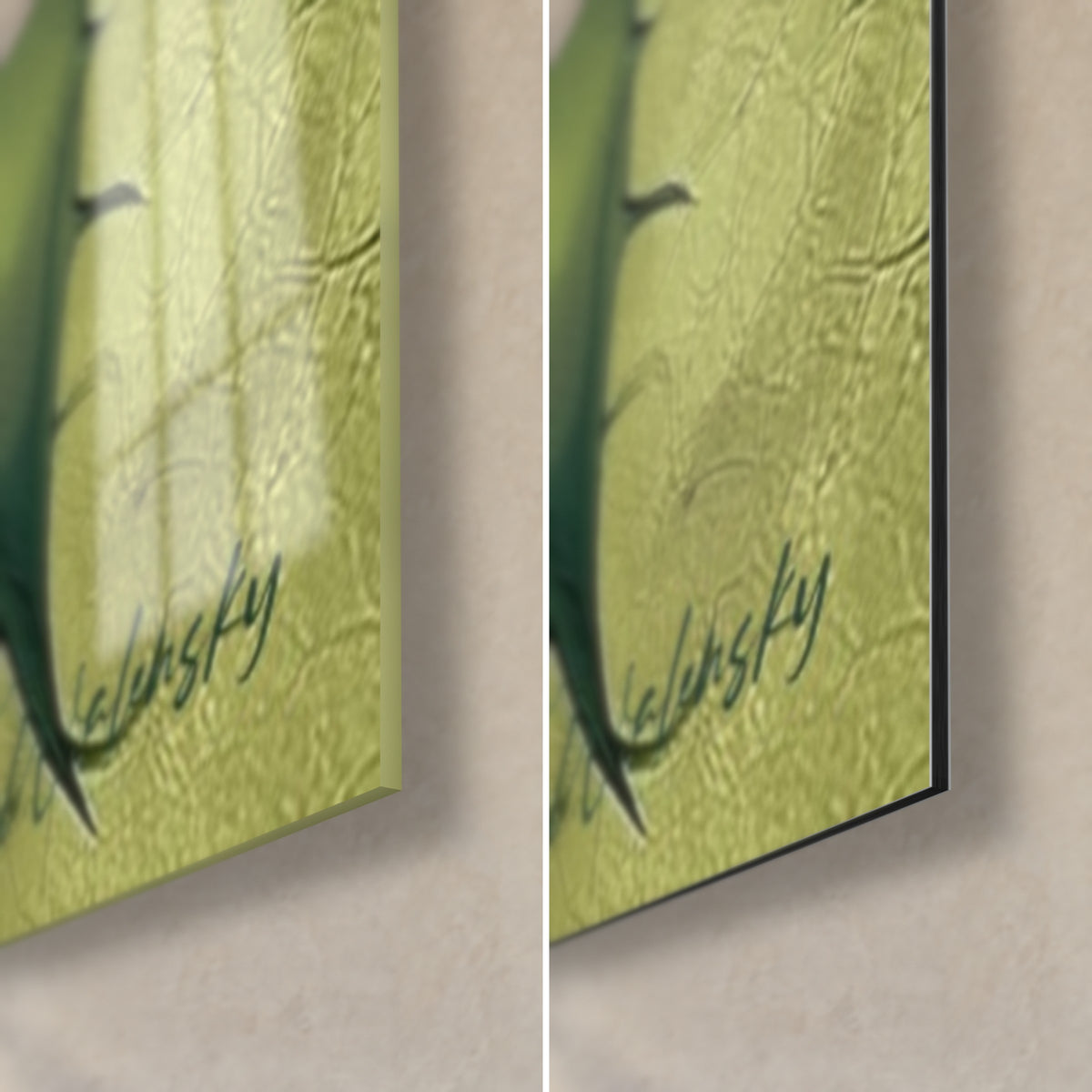 Wall art deep green spiky agave, bottom right corner: glossy acrylic with reflections, matte anise-green Dibond aluminium, 3 mm edge