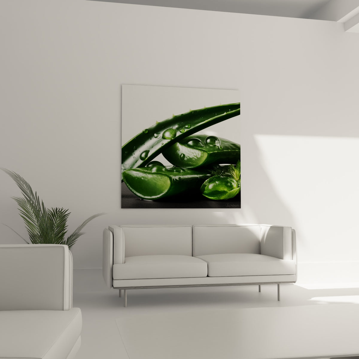 Aloe vera aux textures juteuses vert foncé et anthracite, suspendu au-dessus d'un canapé dans un salon lumineux
